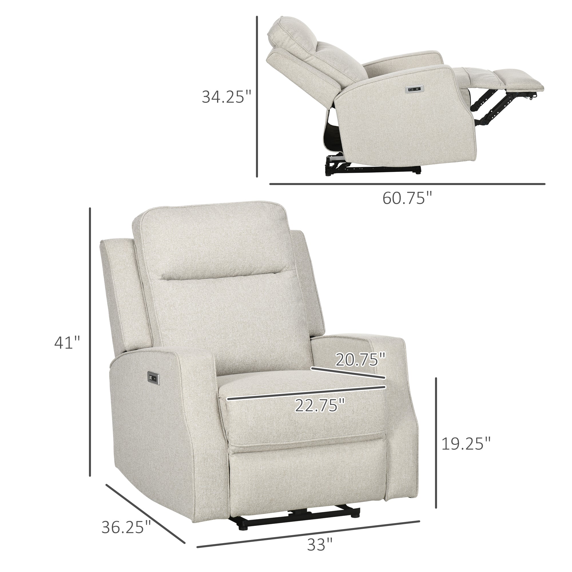 Electric Power Recliner Wall Hugger Armchair with USB Charging Station Linen Upholstered Seat Cream White