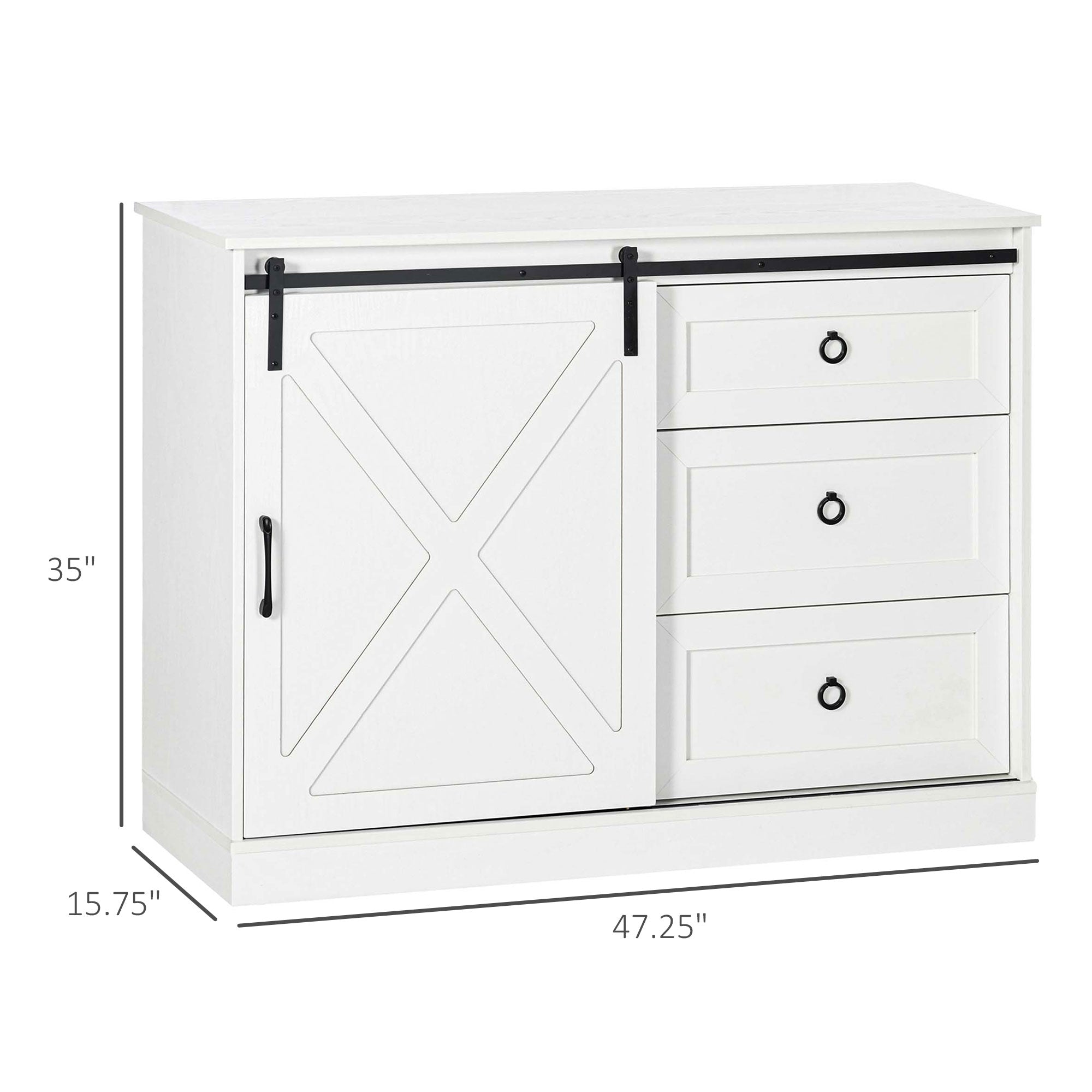 Farmhouse Kitchen Sideboard Buffet Cabinet with Sliding Barn Door and 3 Storage Drawers White