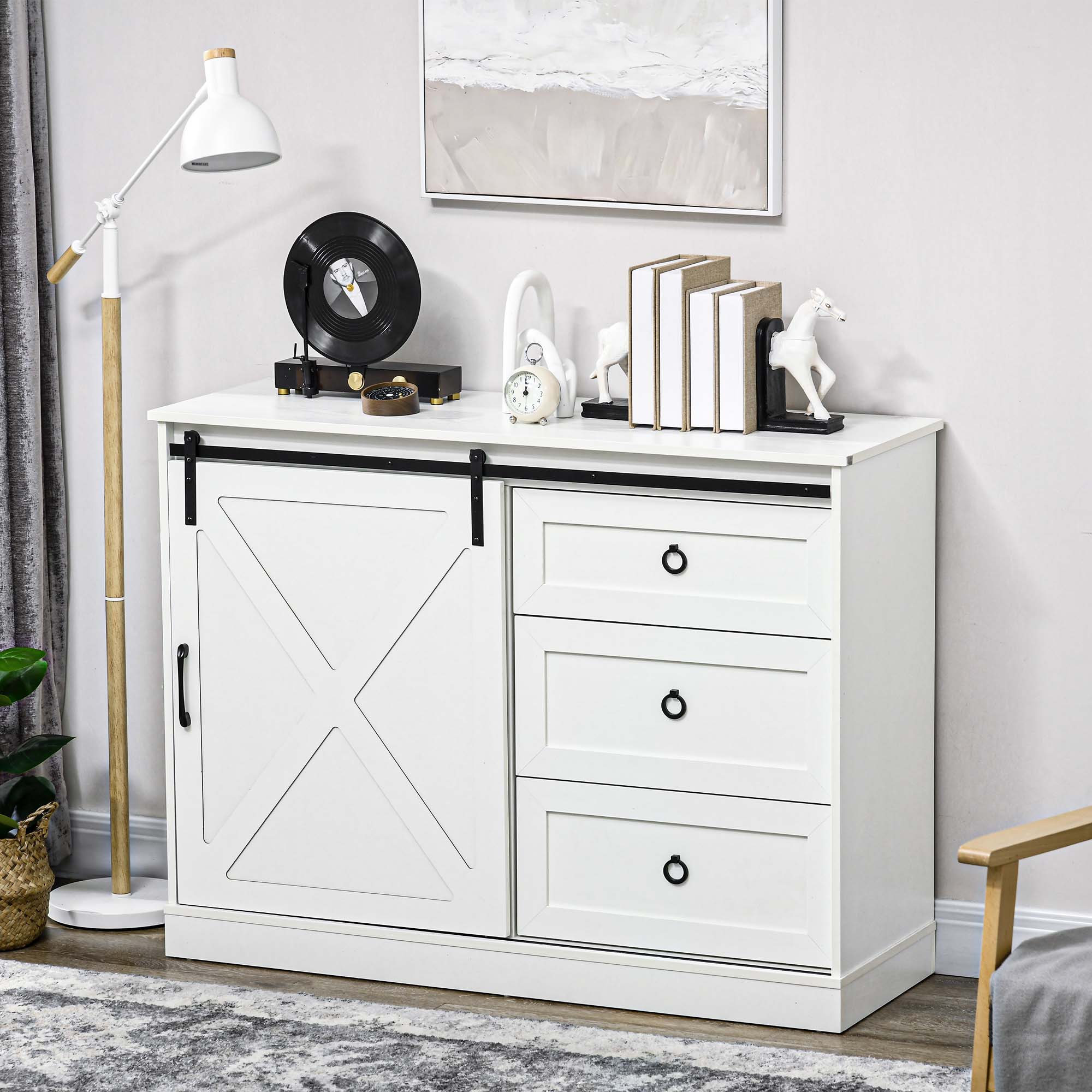 Farmhouse Kitchen Sideboard Buffet Cabinet with Sliding Barn Door and 3 Storage Drawers White