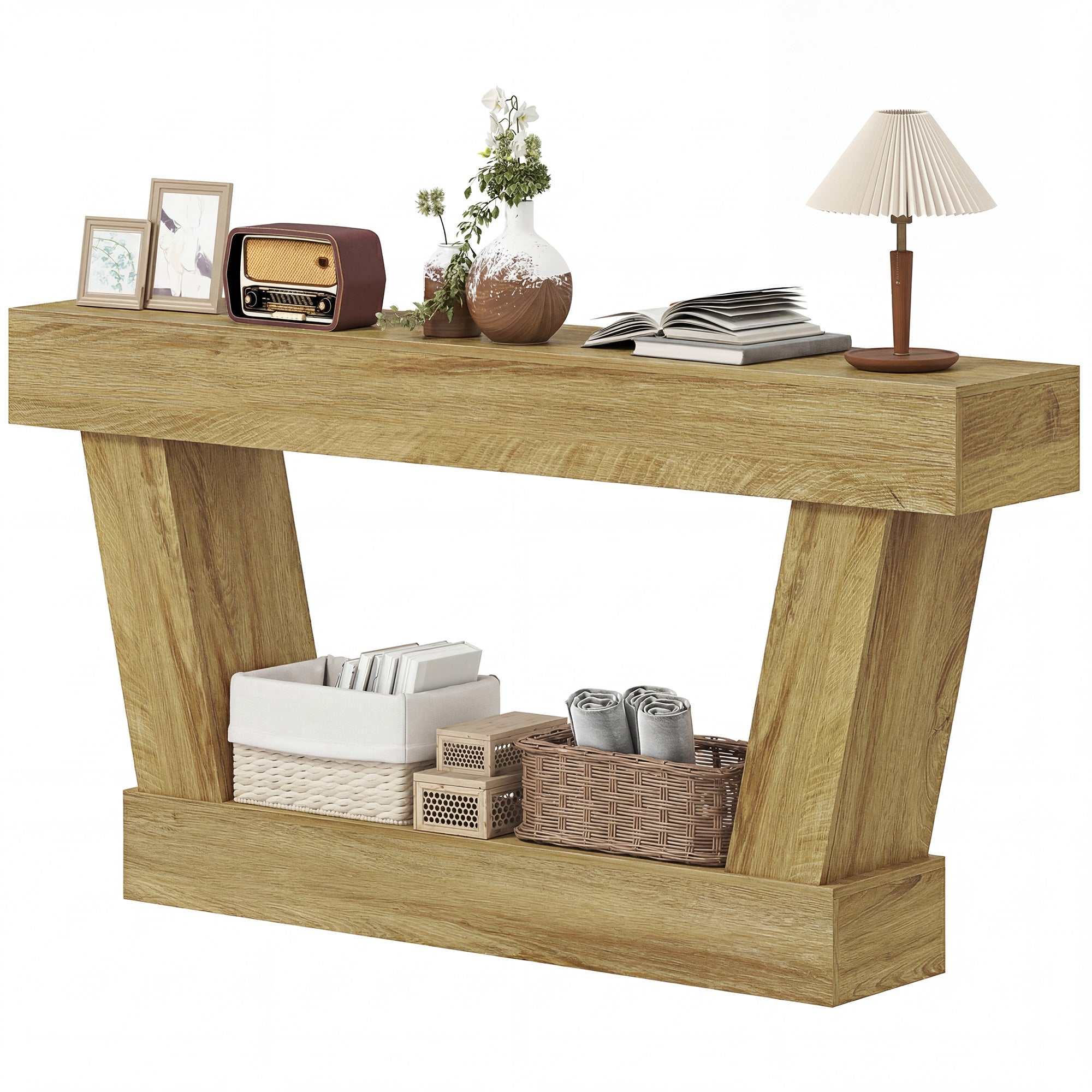 63 Inch Vintage Entryway Table, Narrow Console Tables For Entryway, Sofa Table Behind Couch with Open Shelf, for Living Room, Hallway, Oak