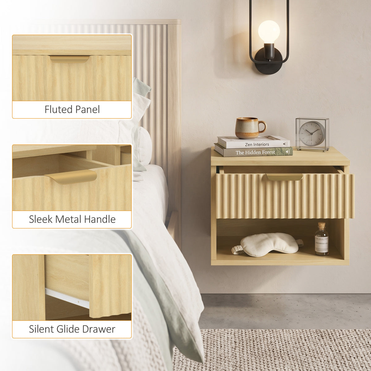 Floating Nightstands Set of 2, Modern Wall-Mounted Bedside Tables with Fluted Drawer and Open Shelf for Bedroom, Oak