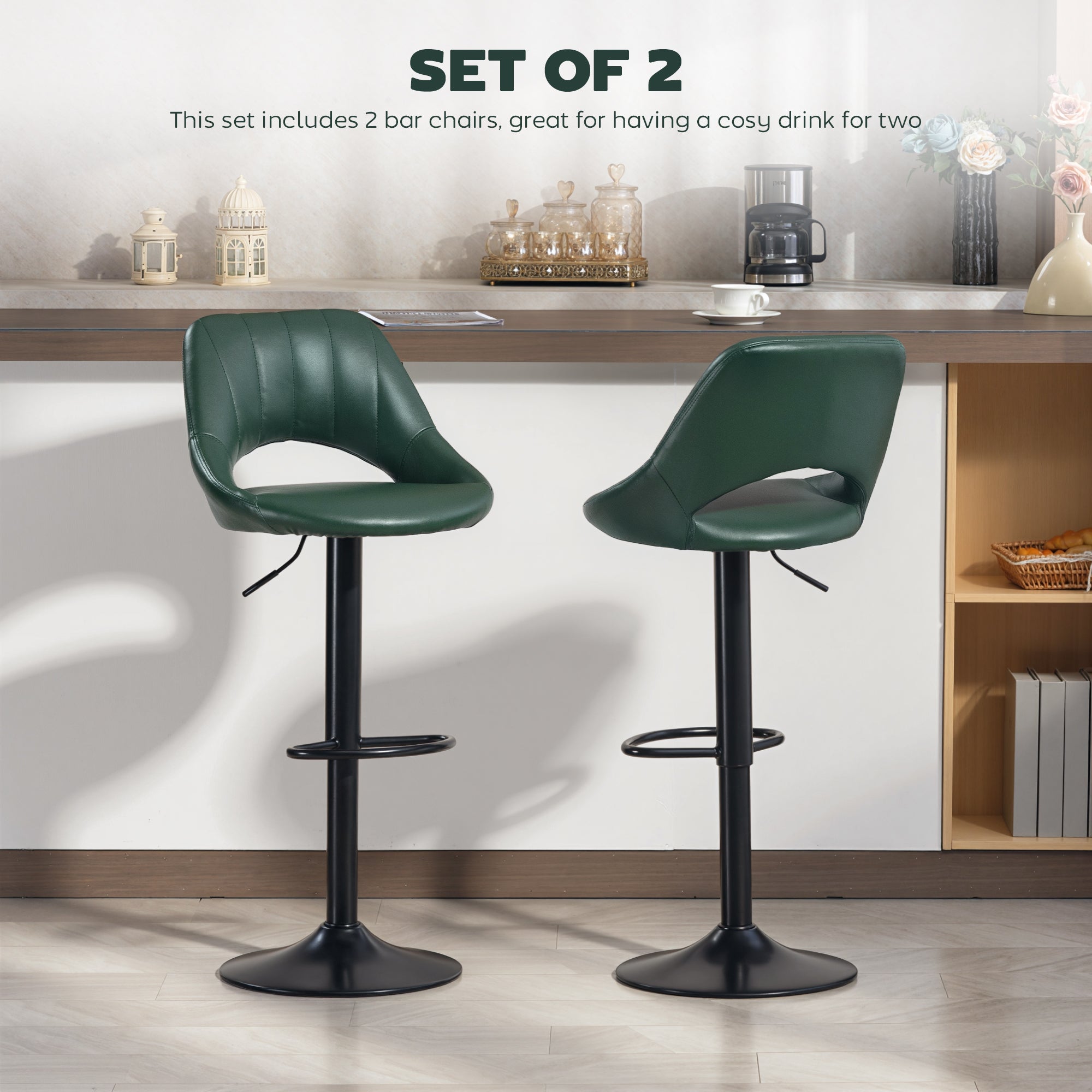 Bar Stools Set of 2, Swivel Barstools with Adjustable Height, Backrest and Footrest,  Modern PU Leather Upholstered Breakfast Bar Chairs for Kitchen Island, Counter, Dining Room, Dark Green