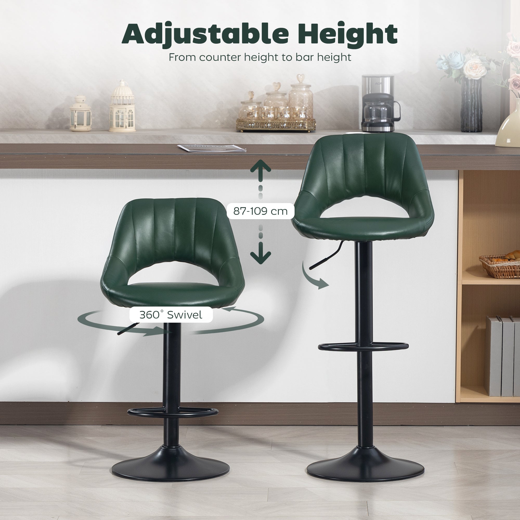 Bar Stools Set of 2, Swivel Barstools with Adjustable Height, Backrest and Footrest,  Modern PU Leather Upholstered Breakfast Bar Chairs for Kitchen Island, Counter, Dining Room, Dark Green