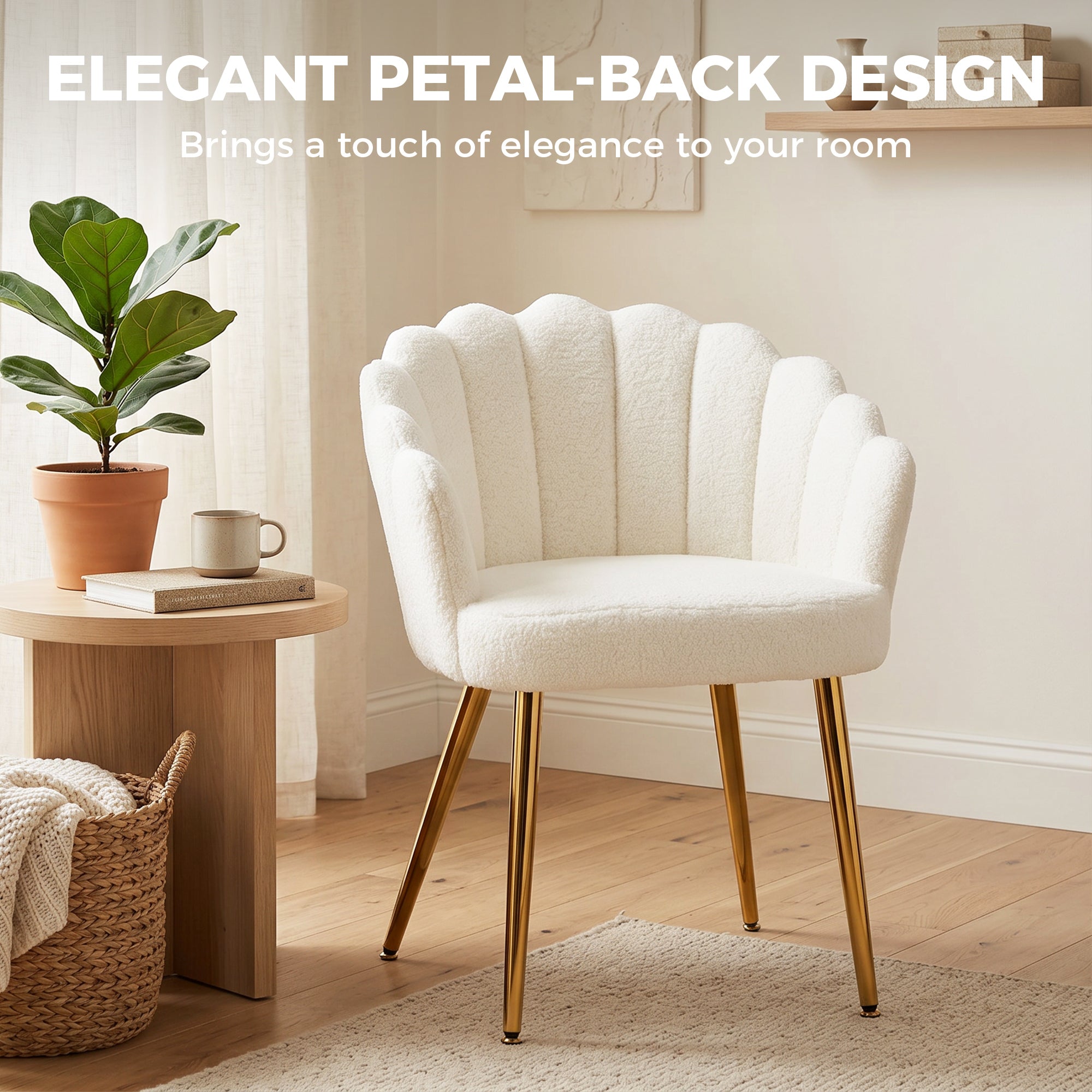 Petal-Back Accent Chair, Faux Lamb Wool Upholstered Armchair, Living Room Chair with Metal Legs, Adjustable Foot Pads, Cream