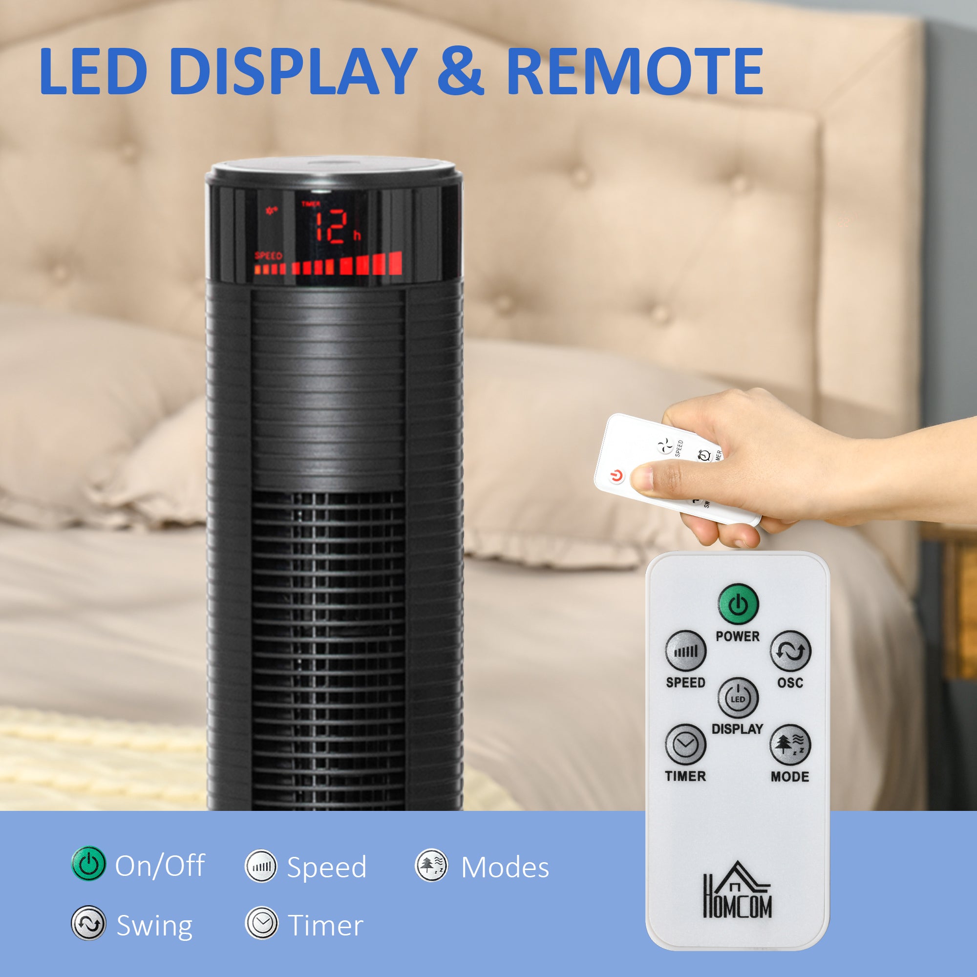 Freestanding Tower Fan Cooling for Home Bedroom with 3 Speed, 12h Timer, Oscillating, LED Panel, Remote Controller, Black