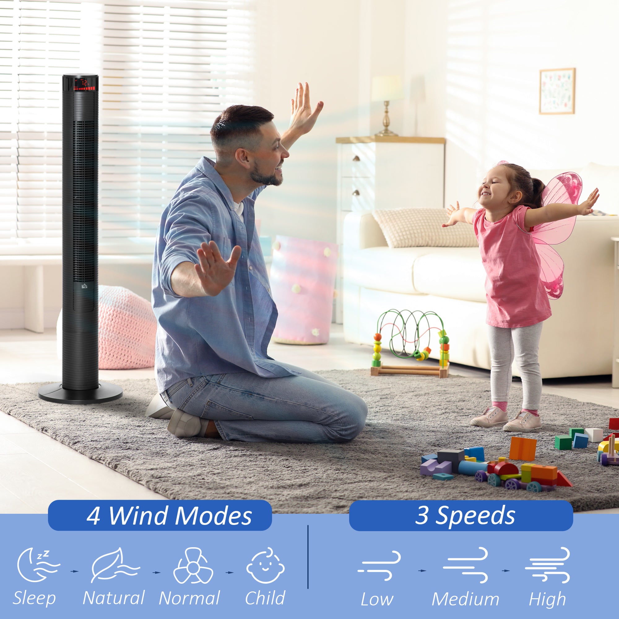 Freestanding Tower Fan Cooling for Home Bedroom with 3 Speed, 12h Timer, Oscillating, LED Panel, Remote Controller, Black