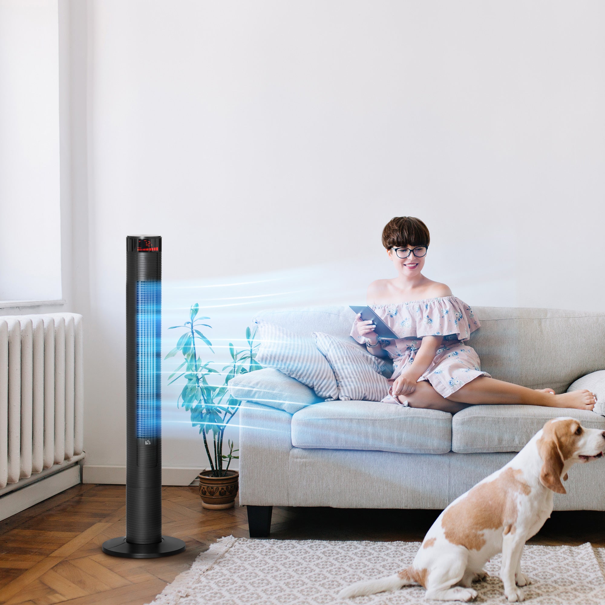 Freestanding Tower Fan Cooling for Home Bedroom with 3 Speed, 12h Timer, Oscillating, LED Panel, Remote Controller, Black