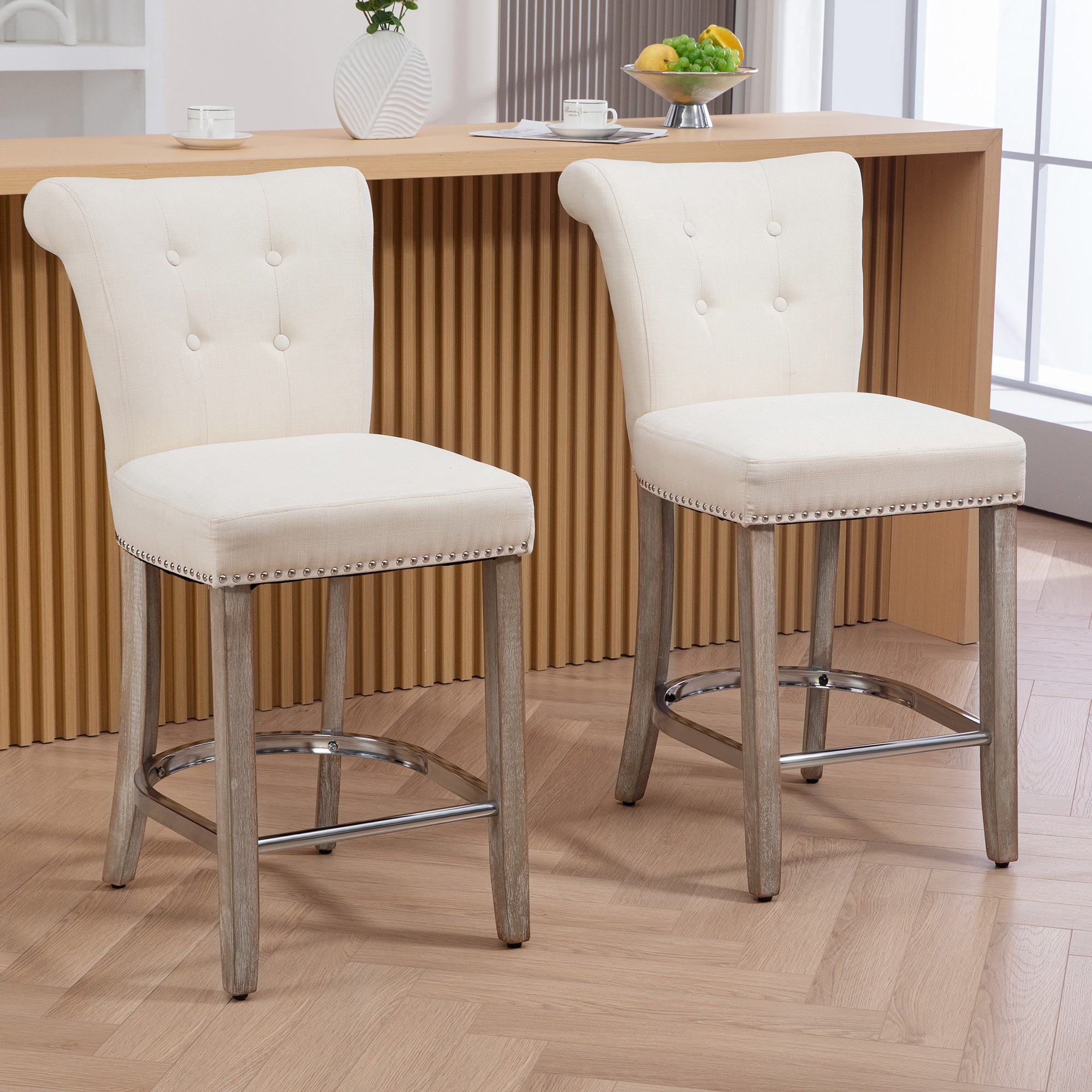 HOMCOM Counter Height Bar Stools Set of 2, Upholstered Bar Chairs with Button Tufted Back, Wood Legs, Footrest, Modern Nailhead Trim Barstools for Kitchen, Dining Room, Cream White