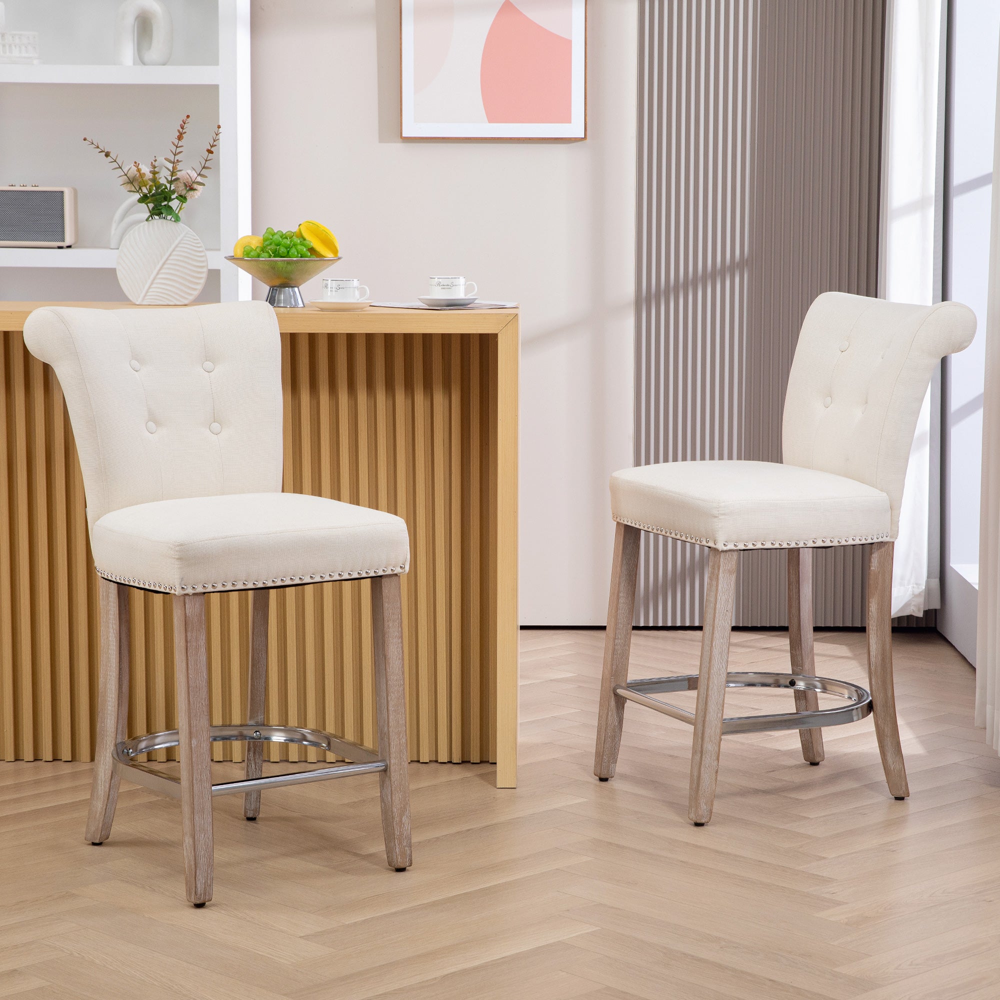 HOMCOM Counter Height Bar Stools Set of 2, Upholstered Bar Chairs with Button Tufted Back, Wood Legs, Footrest, Modern Nailhead Trim Barstools for Kitchen, Dining Room, Cream White