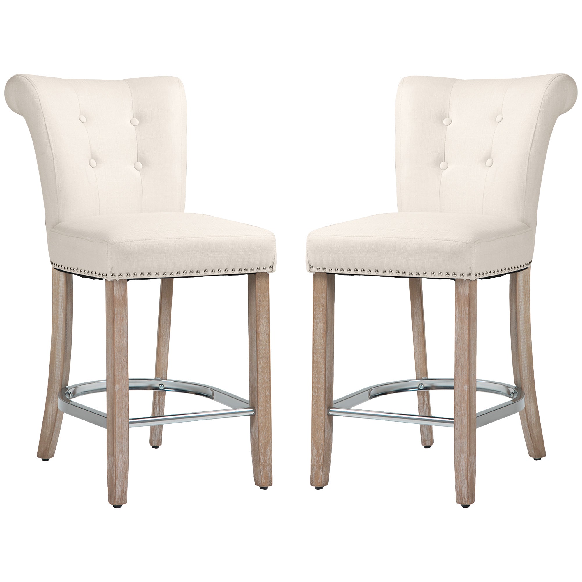 HOMCOM Counter Height Bar Stools Set of 2, Upholstered Bar Chairs with Button Tufted Back, Wood Legs, Footrest, Modern Nailhead Trim Barstools for Kitchen, Dining Room, Cream White