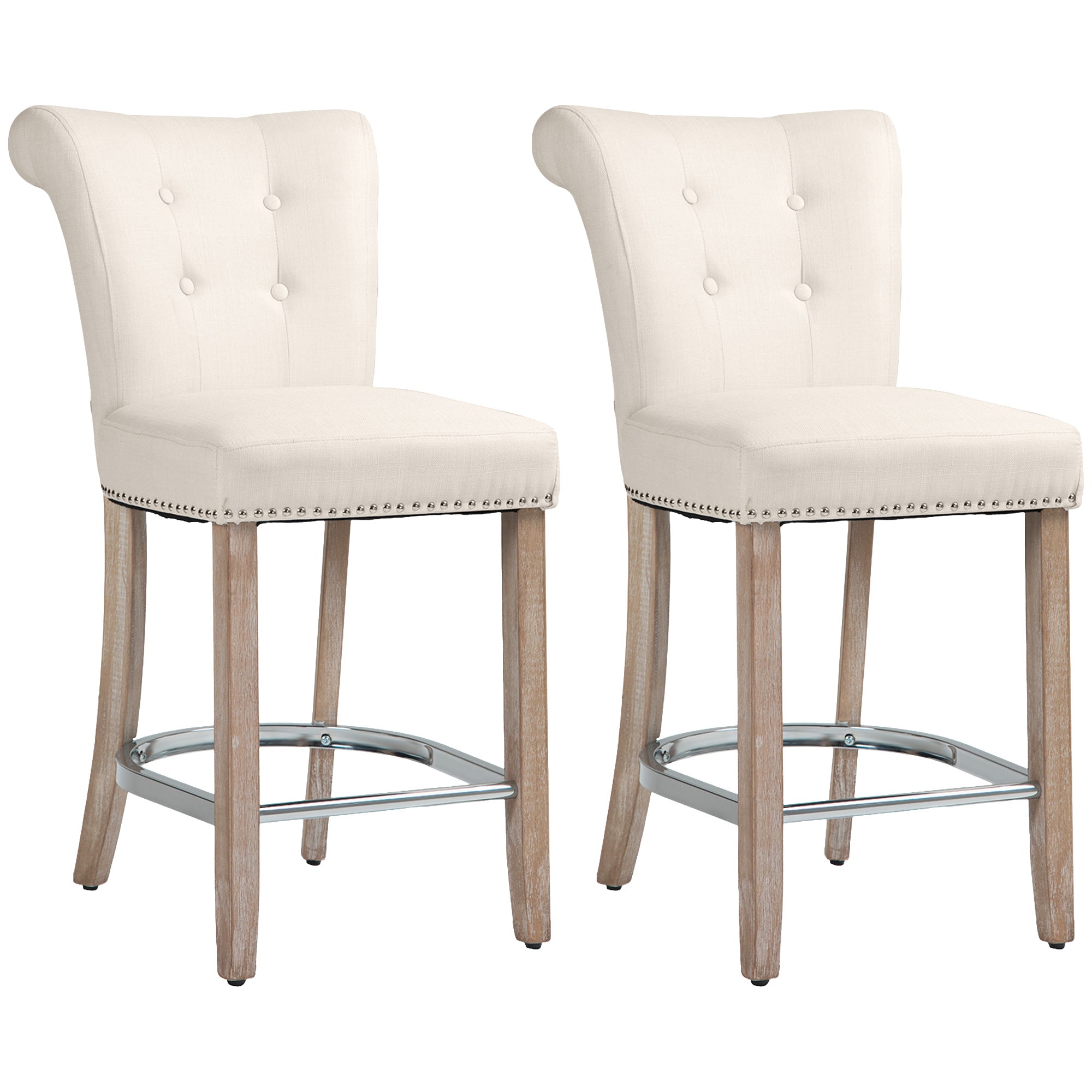 HOMCOM Counter Height Bar Stools Set of 2, Upholstered Bar Chairs with Button Tufted Back, Wood Legs, Footrest, Modern Nailhead Trim Barstools for Kitchen, Dining Room, Cream White