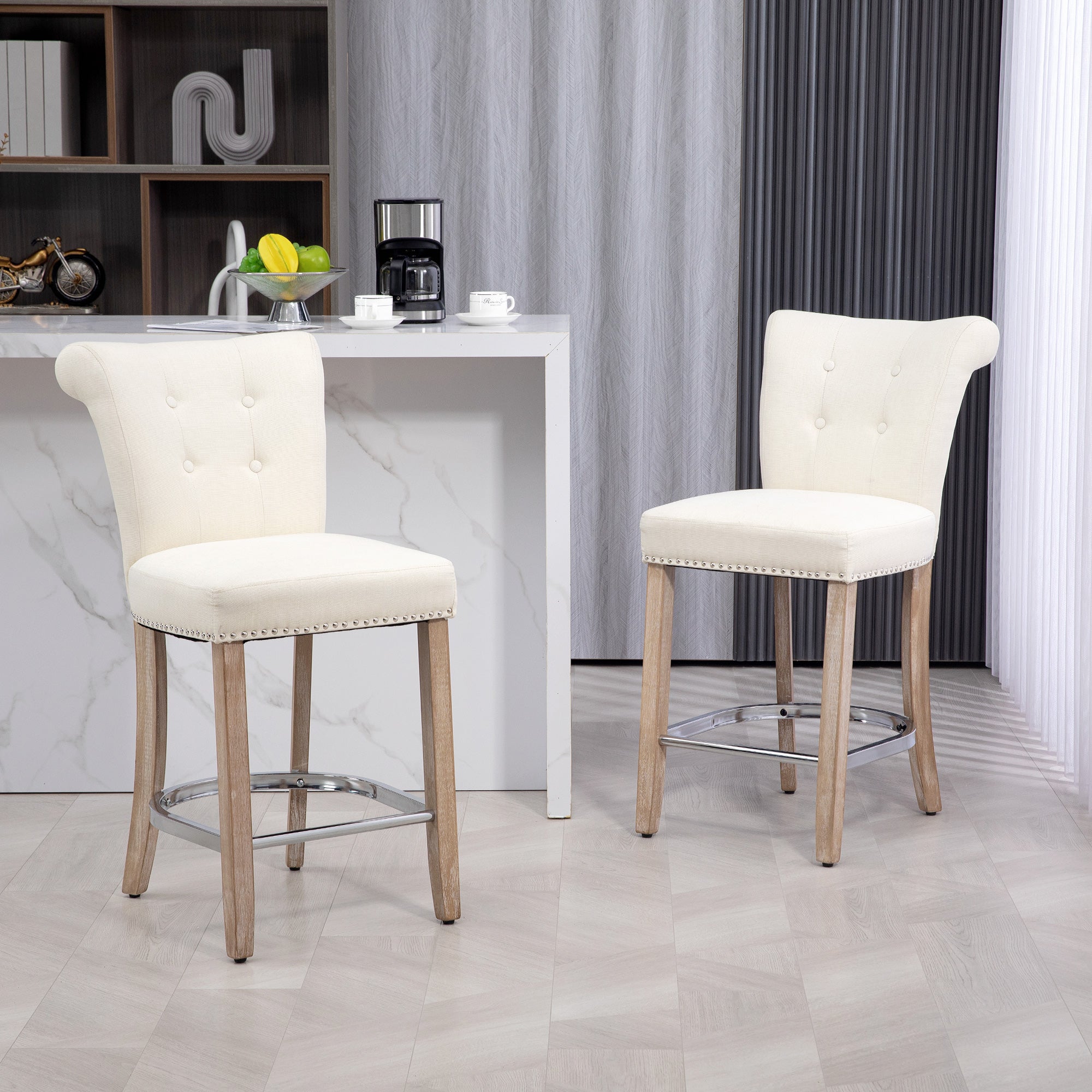 HOMCOM Counter Height Bar Stools Set of 2, Upholstered Bar Chairs with Button Tufted Back, Wood Legs, Footrest, Modern Nailhead Trim Barstools for Kitchen, Dining Room, Cream White