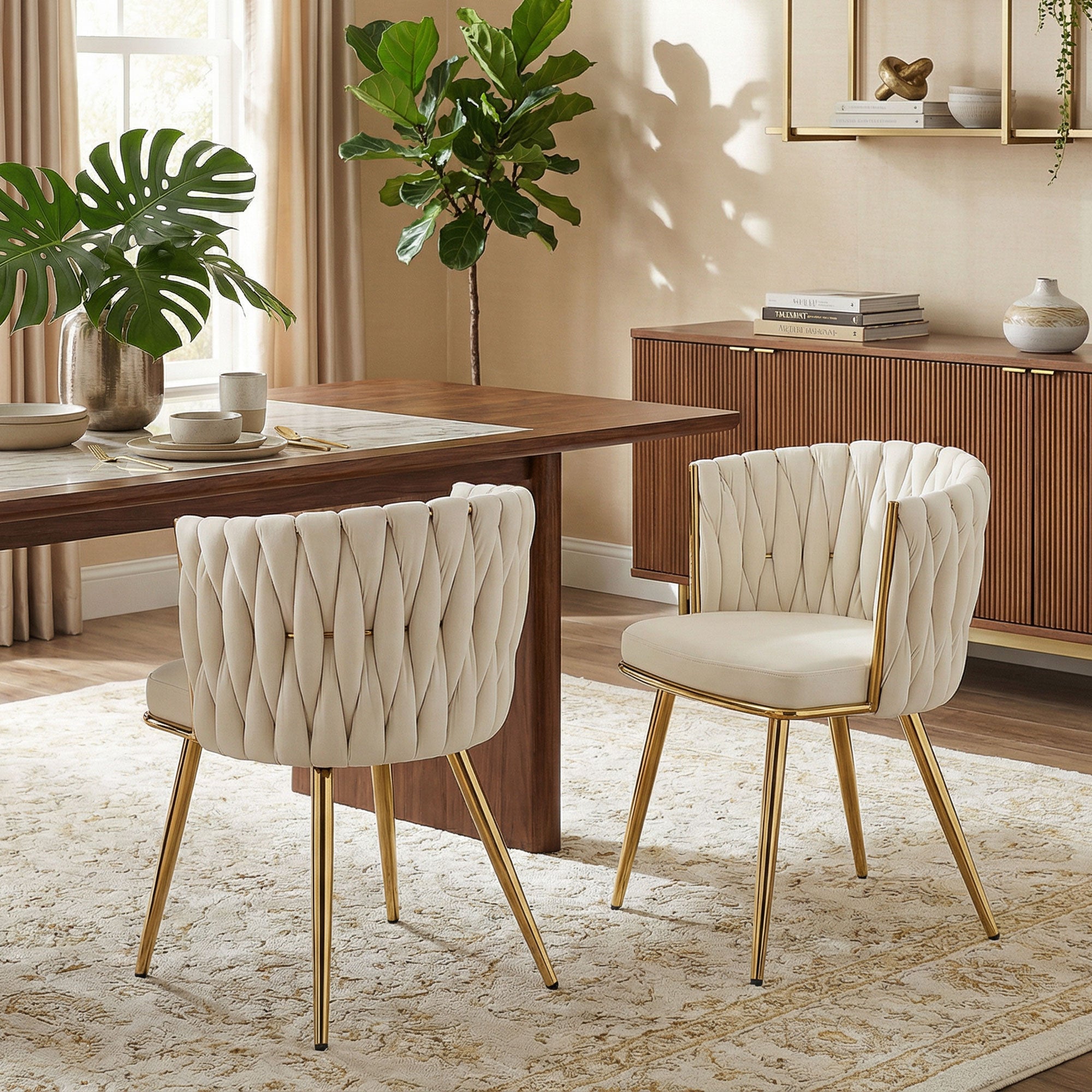 Modern Dining Chairs Set of 2, Velvet-Feel Upholstered Kitchen Chairs with Woven Backrest and Armrests, Metal Legs and Padded Seat for Dining Room, Living Room, Cream White