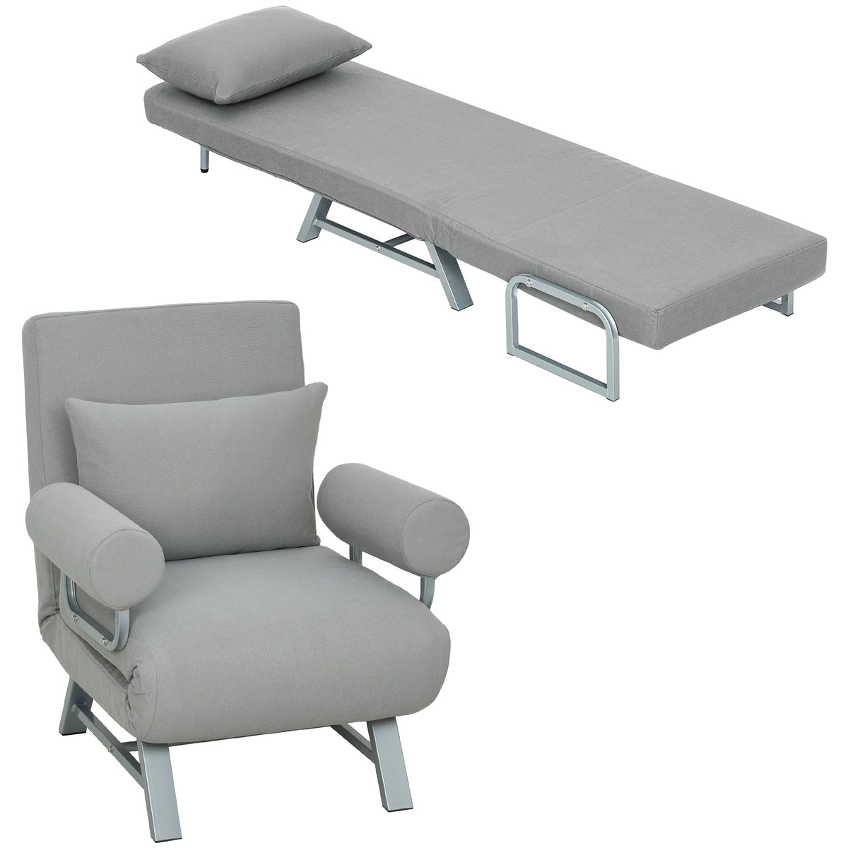 Single Sofa Bed, 3-in-1 Convertible Folding Chair Bed with Adjustable Backrest, Removable Armrests, Steel Legs, Linen Sleeper Chair for Living Room, Bedroom, Small Space, Light Grey