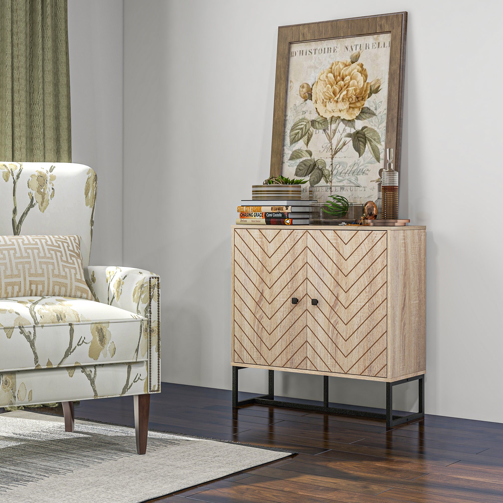 Modern Sideboard, 31.5" Buffet Cabinet with Adjustable Shelf, Coffee Bar Cabinet with Steel Base and 2 Chevron Doors, Natural Wood