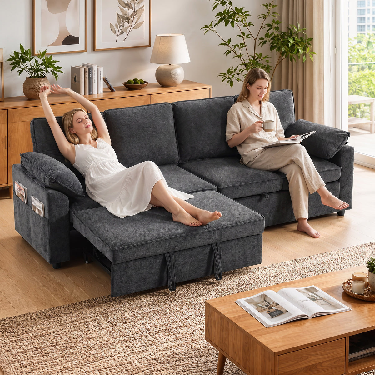Sectional Sofa Bed, Sleeper Sofa Bed Couch with Double Pullout, Integrated Footrest, Chenille Fabric Futon for Living Room Bedroom Study, Dark Grey