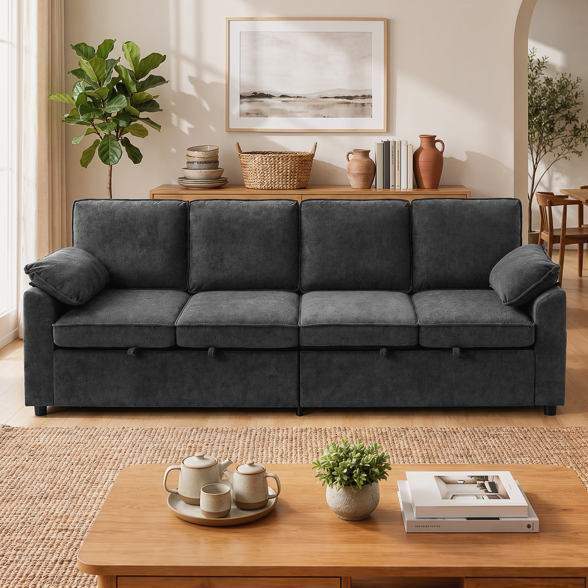 Sectional Sofa Bed, Sleeper Sofa Bed Couch with Double Pullout, Integrated Footrest, Chenille Fabric Futon for Living Room Bedroom Study, Dark Grey