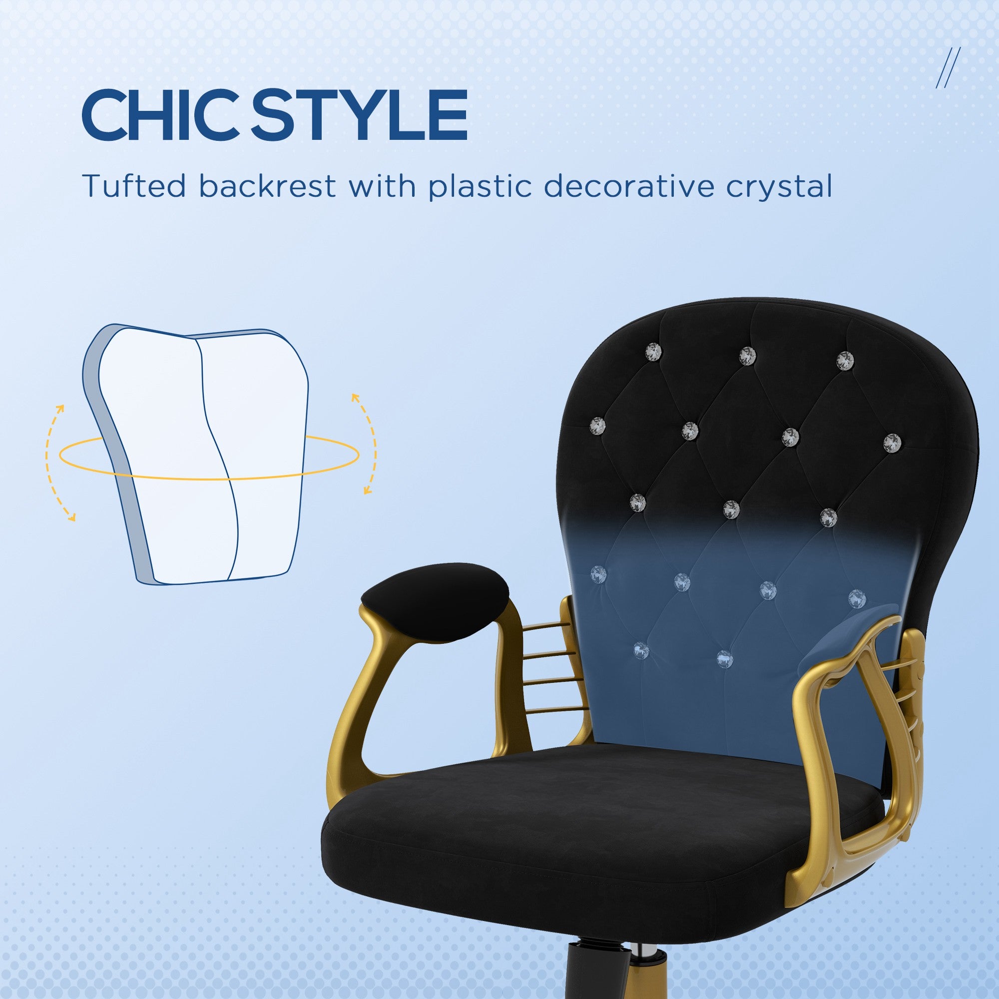 Vinsetto Velvet Vanity Office Chair, Button Tufted Swivel Chair with Adjustable Height, Padded Armrests and Tilt Function, Gold and Black