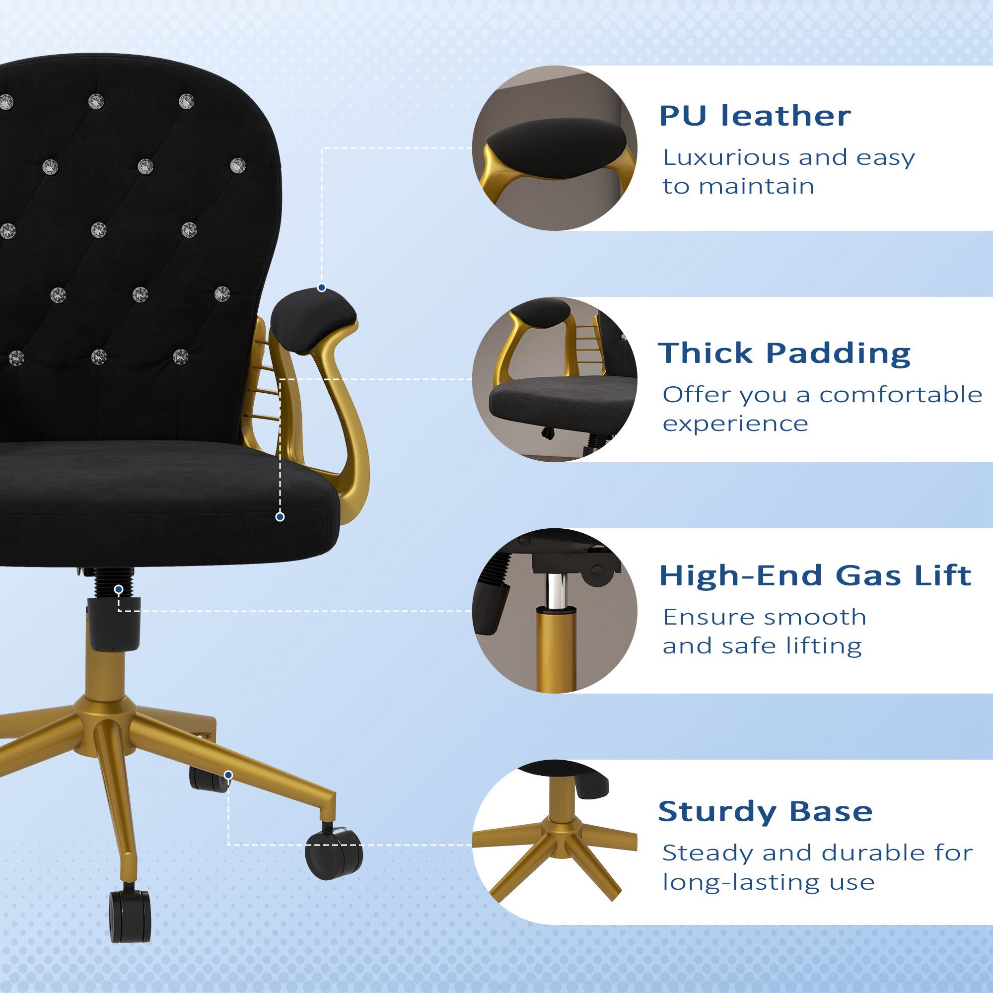 Vinsetto Velvet Vanity Office Chair, Button Tufted Swivel Chair with Adjustable Height, Padded Armrests and Tilt Function, Gold and Black