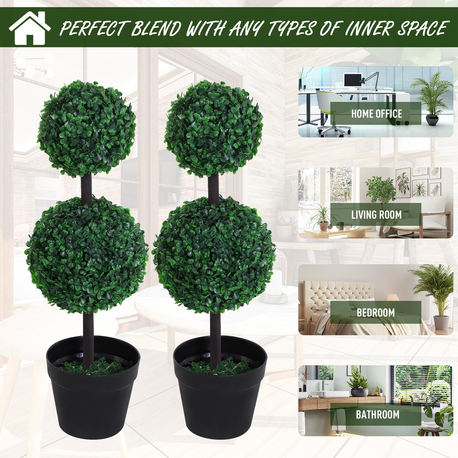 Outsunny Boxwood Topiary Tree 2-ball artificial plant, UV resistant for Home Office, Living Room Decor, Dark Green