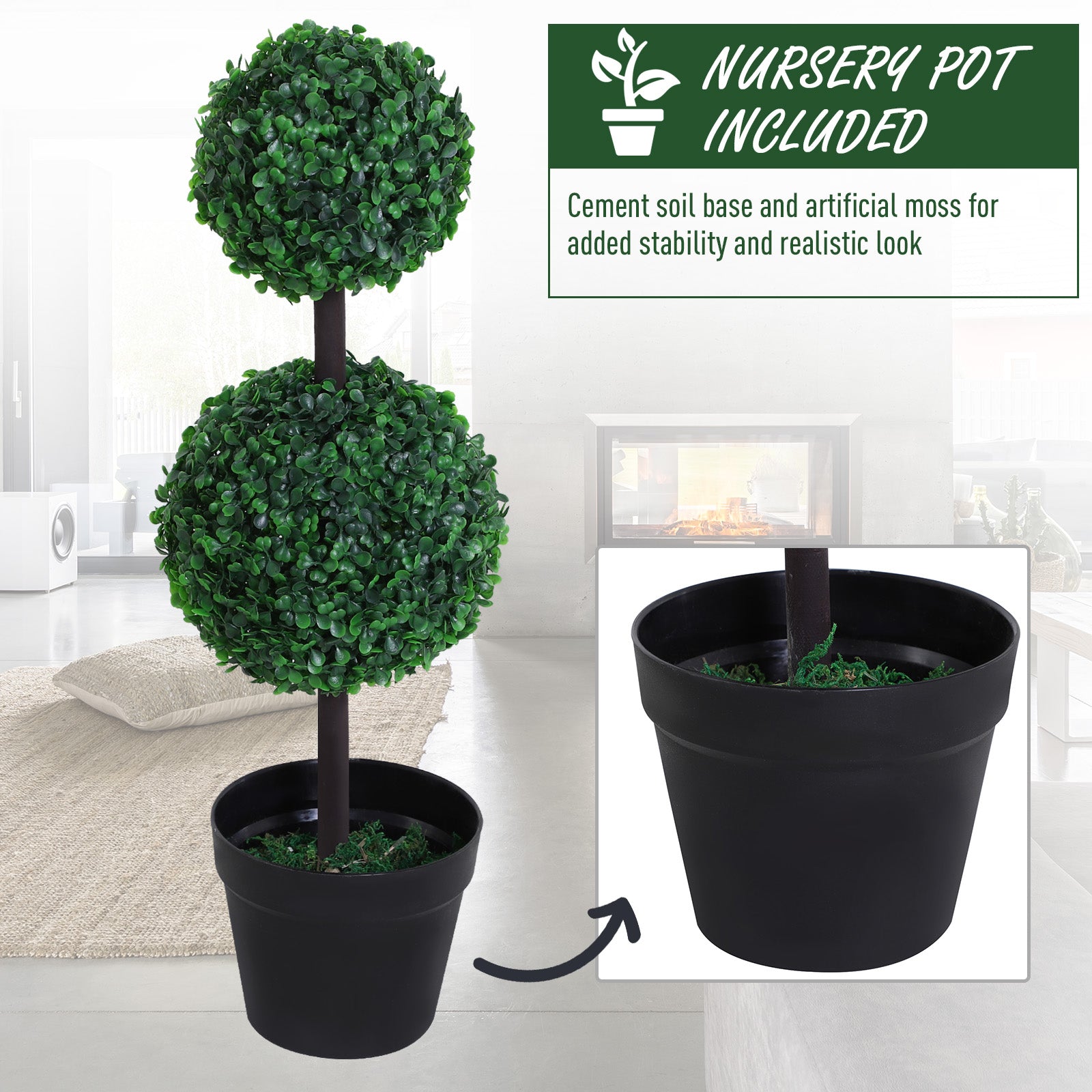 Outsunny Boxwood Topiary Tree 2-ball artificial plant, UV resistant for Home Office, Living Room Decor, Dark Green