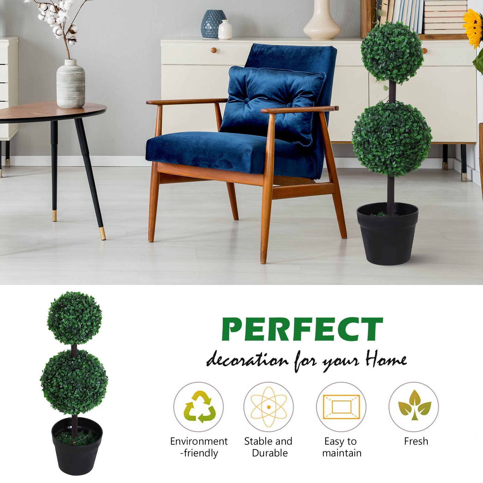 Outsunny Boxwood Topiary Tree 2-ball artificial plant, UV resistant for Home Office, Living Room Decor, Dark Green