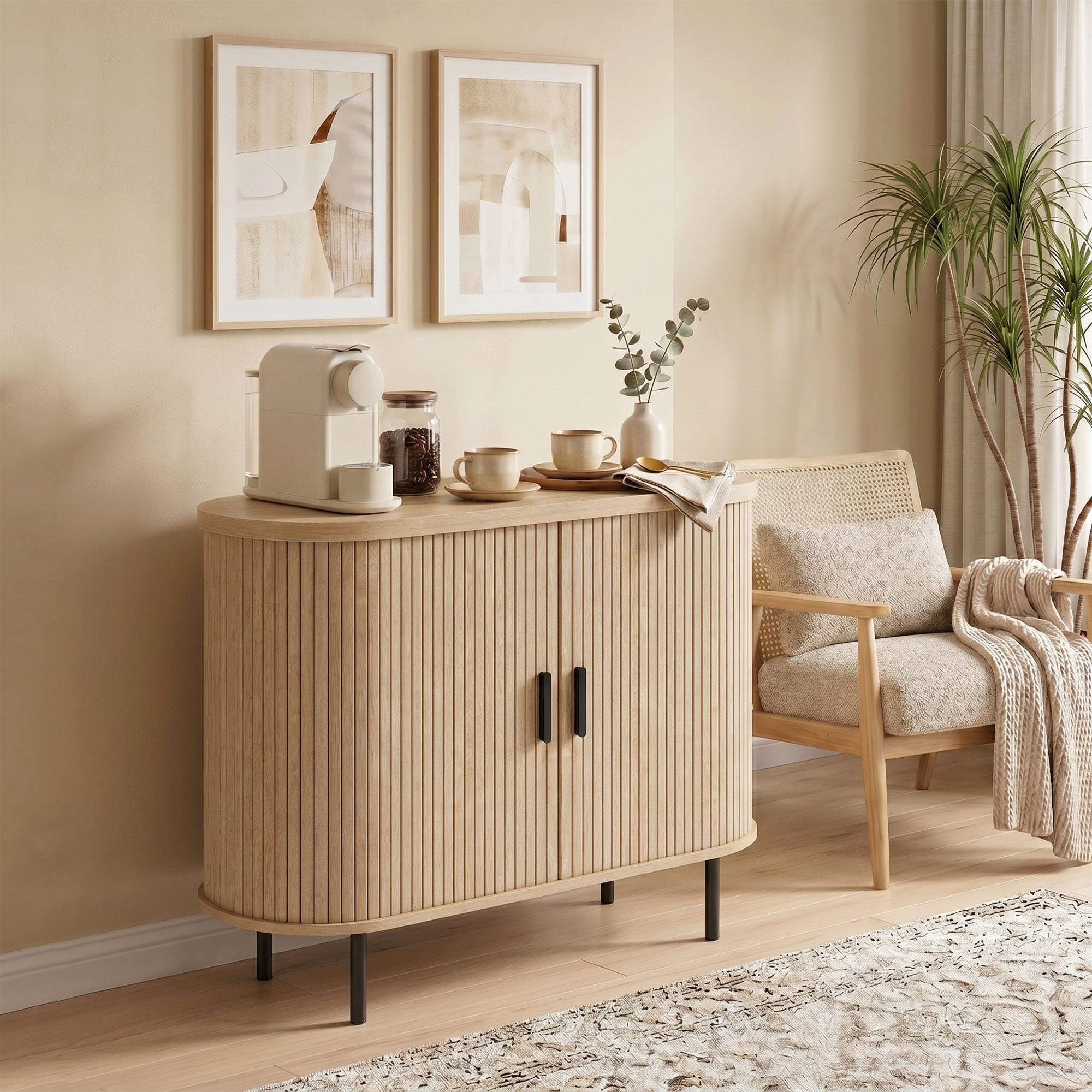 Sideboard Buffet Cabinet with Curved Tambour Doors, 39.4" Farmhouse Coffee Bar Cabinet with Shelves and Side Slots, Natural Wood