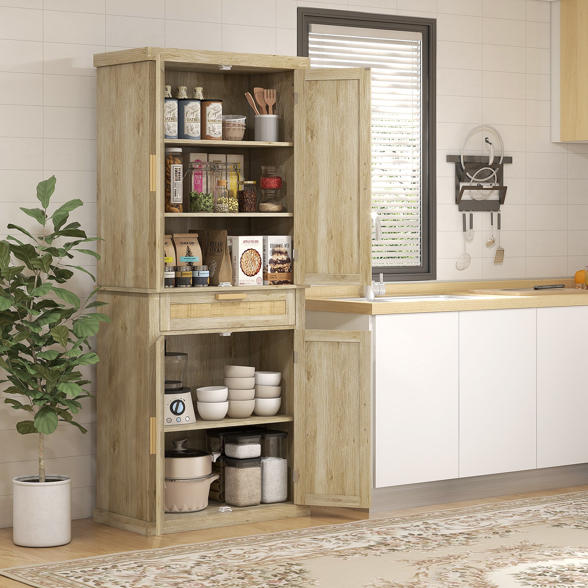 HOMCOM 72" Tall Kitchen Pantry Cabinet, Freestanding Storage Cabinet with Doors and Shelves, Rattan Kitchen Cabinet with Drawer and Adjustable Shelves, Oak