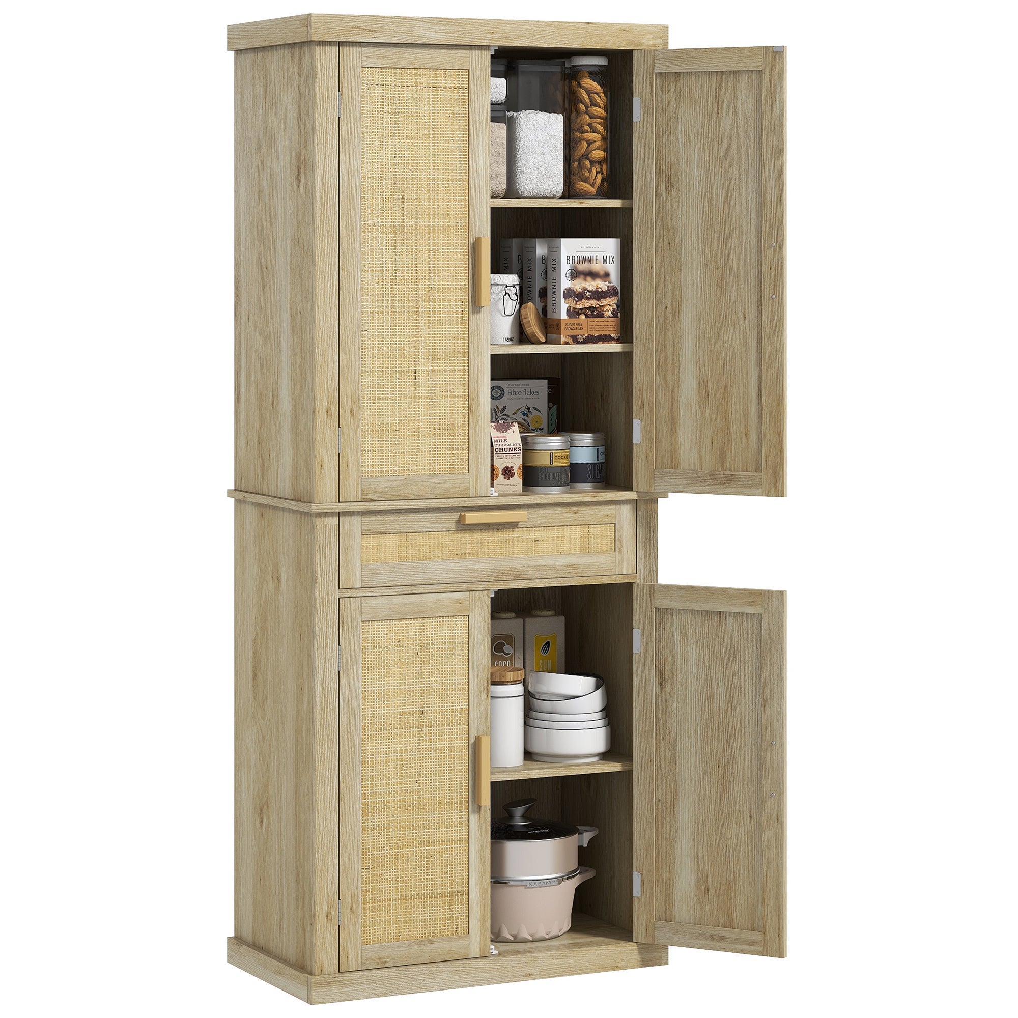 72" Tall Kitchen Cabinet, Kitchen Pantry Cabinet with Rattan Doors, Drawer, 5-Tier Shelf and Adjustable Shelves, Oak