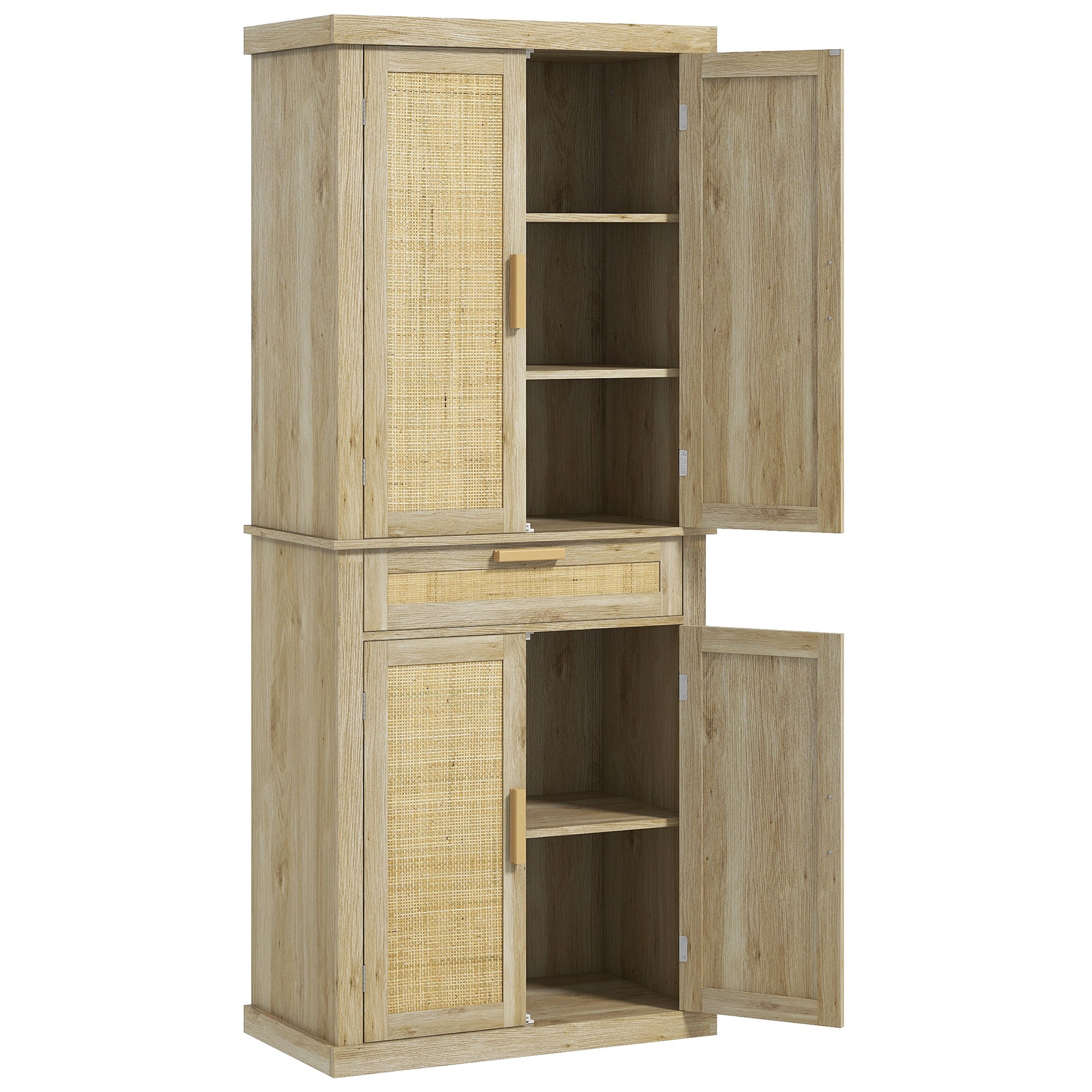 72" Tall Kitchen Cabinet, Kitchen Pantry Cabinet with Rattan Doors, Drawer, 5-Tier Shelf and Adjustable Shelves, Oak