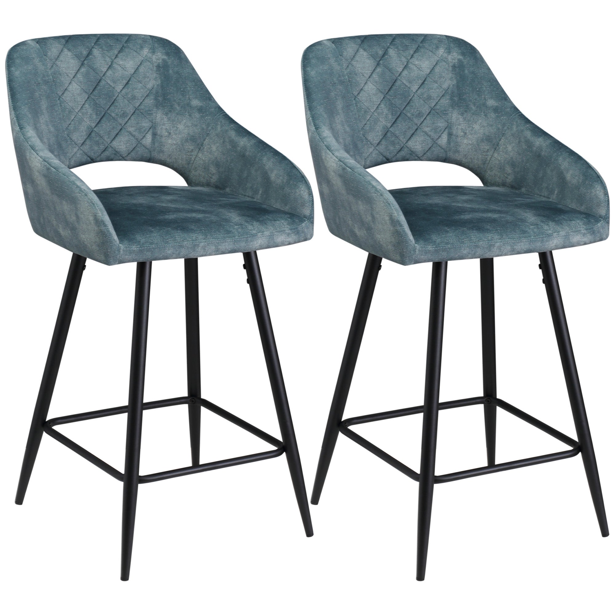 HOMCOM Bar Stools Set of 2, Velvet-Touch Fabric Counter Height Bar Chairs, Kitchen Stools with Steel Legs for Dining Area, Kitchen Island Barstools, Blue