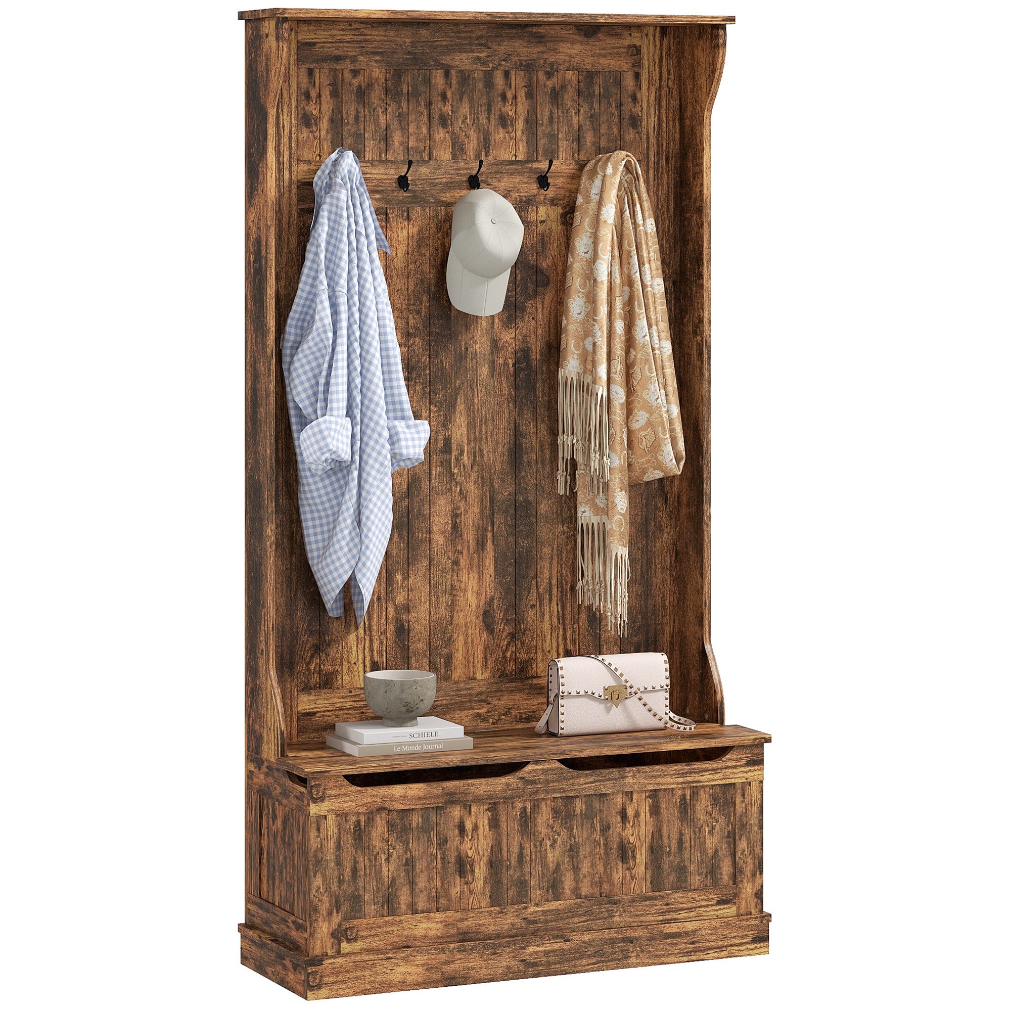 3 In 1 Entryway Bench with Coat Rack Hall Tree with Bench and Shoe Storage 5 Hooks for Hallway Rustic Brown