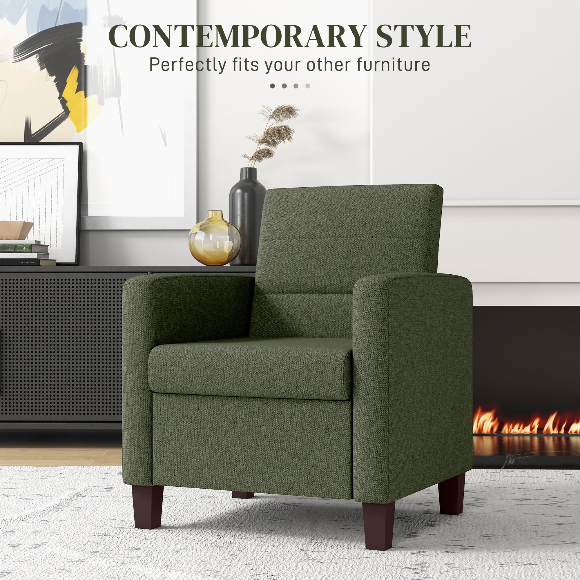 HOMCOM Modern Armchair, Fabric Accent Chair with Seat Cushion and Non-Slip Pads for Living Room, Bedroom, Dark Green