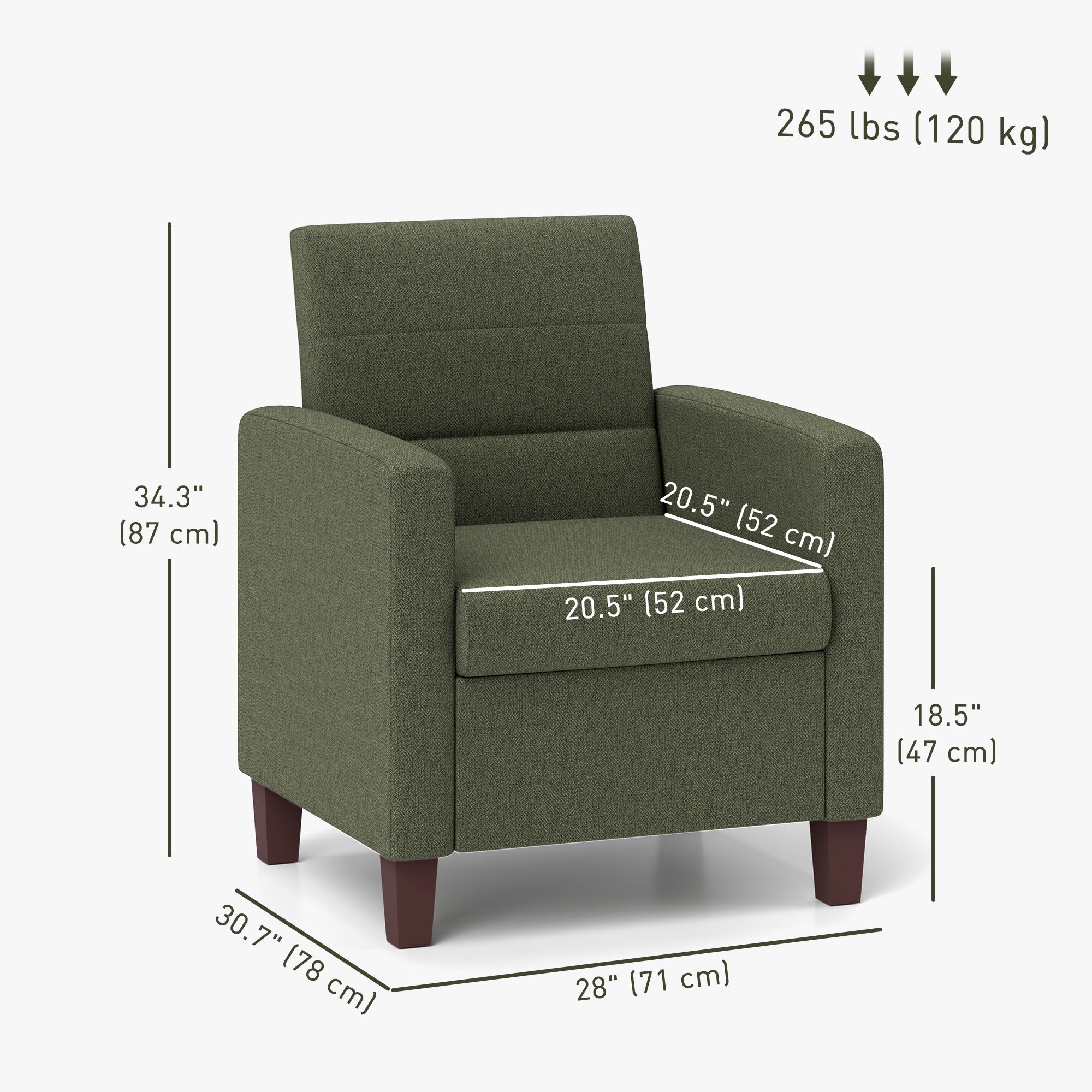 HOMCOM Modern Armchair, Fabric Accent Chair with Seat Cushion and Non-Slip Pads for Living Room, Bedroom, Dark Green