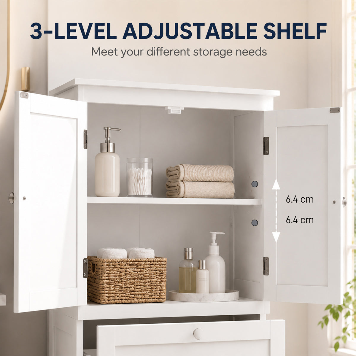 Bathroom Storage Cabinet, Freestanding Bathroom Cabinet with 2 Drawers, Adjustable Shelf, Beadboard Doors for Living Room, Entryway, Kitchen, White