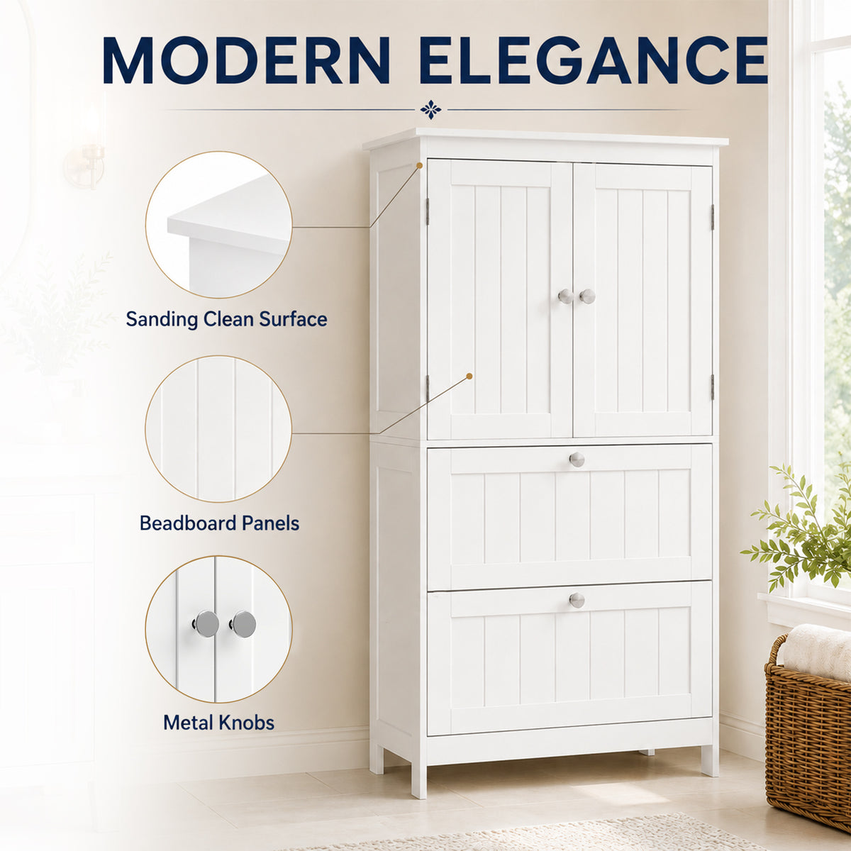 Bathroom Storage Cabinet, Freestanding Bathroom Cabinet with 2 Drawers, Adjustable Shelf, Beadboard Doors for Living Room, Entryway, Kitchen, White