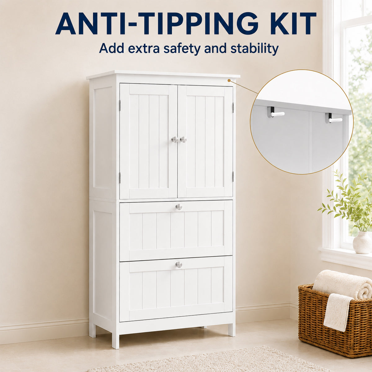 Bathroom Storage Cabinet, Freestanding Bathroom Cabinet with 2 Drawers, Adjustable Shelf, Beadboard Doors for Living Room, Entryway, Kitchen, White