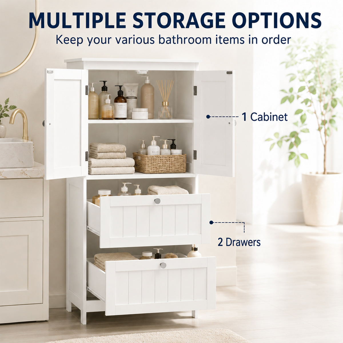 Bathroom Storage Cabinet, Freestanding Bathroom Cabinet with 2 Drawers, Adjustable Shelf, Beadboard Doors for Living Room, Entryway, Kitchen, White