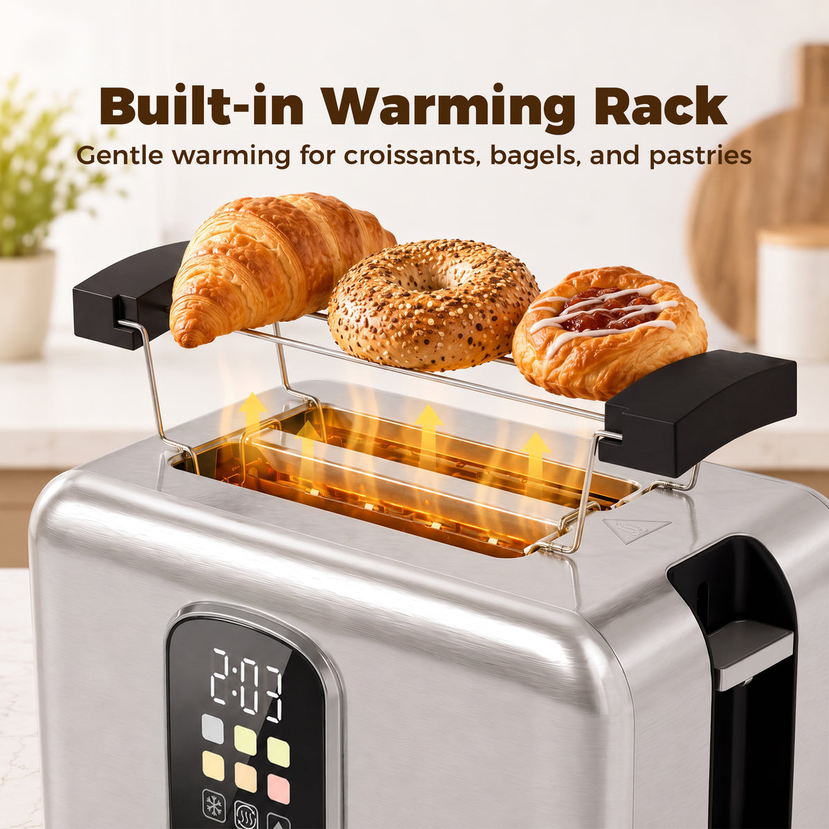 2 Slice Smart Toaster with Touch Screen & LED Countdown, Toaster with Warming Rack, 6 Browning Levels, Memory Function, Reheat/Defrost/Cancel, Removable Crumb Tray, Stainless Steel, 930W