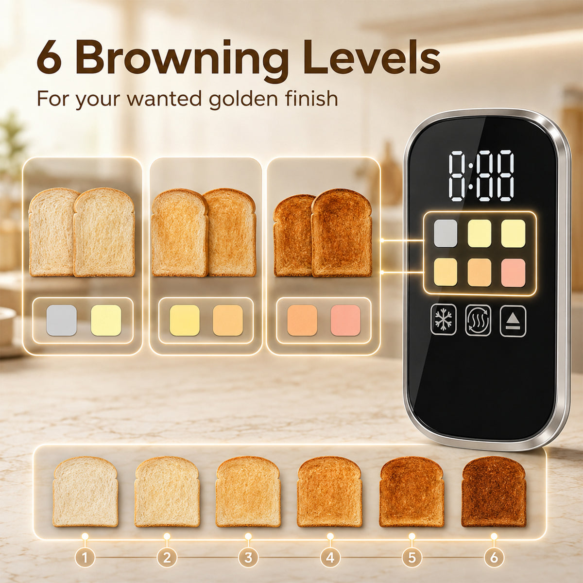 2 Slice Smart Toaster with Touch Screen & LED Countdown, Toaster with Warming Rack, 6 Browning Levels, Memory Function, Reheat/Defrost/Cancel, Removable Crumb Tray, Stainless Steel, 930W