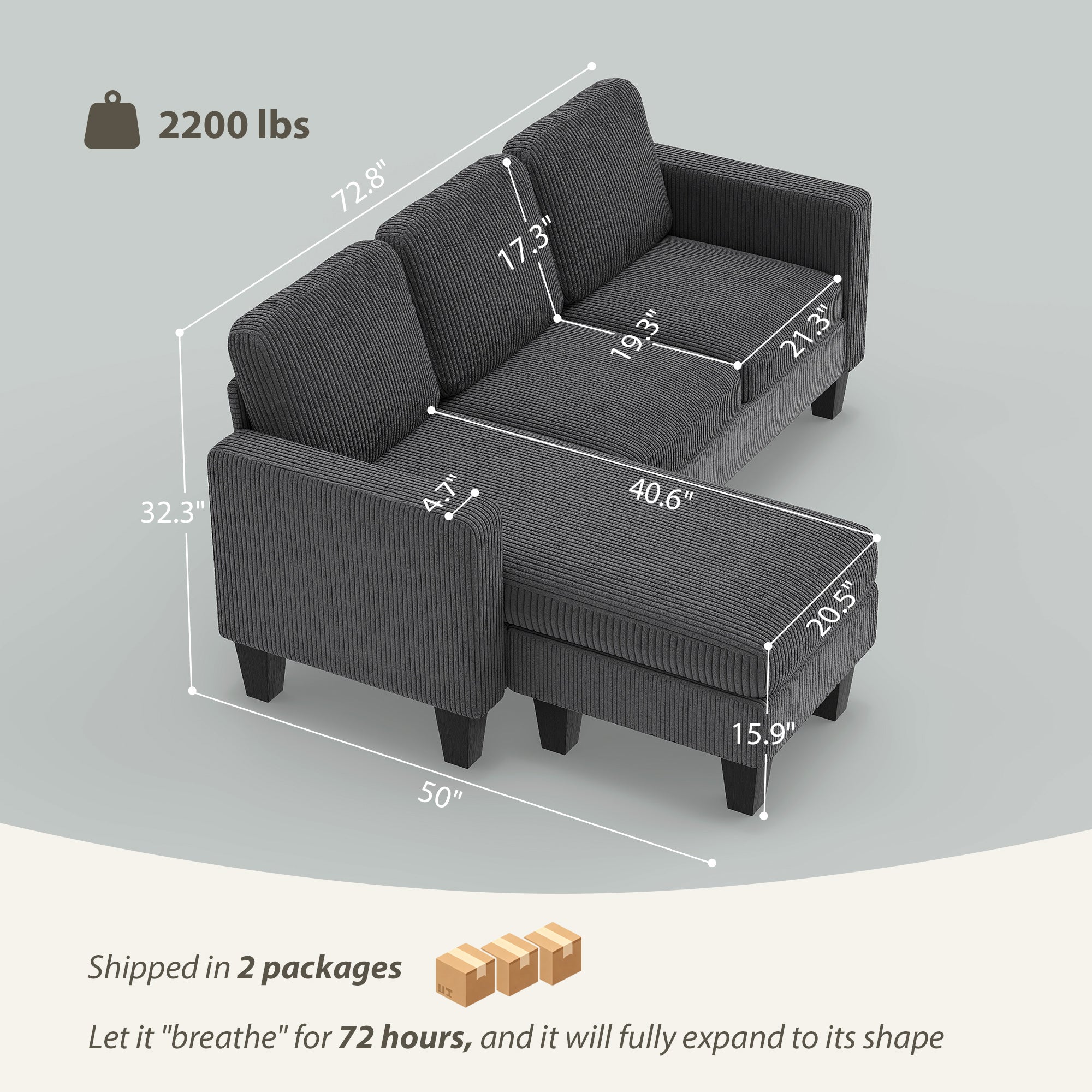 73" Sectional Sofa, L Shaped Couch with Reversible Chaise or Ottoman, Corduroy 3 Seat Sectional Couch for Living Room, Bedroom, Apartment, 2200lb Capacity, Dark Gray