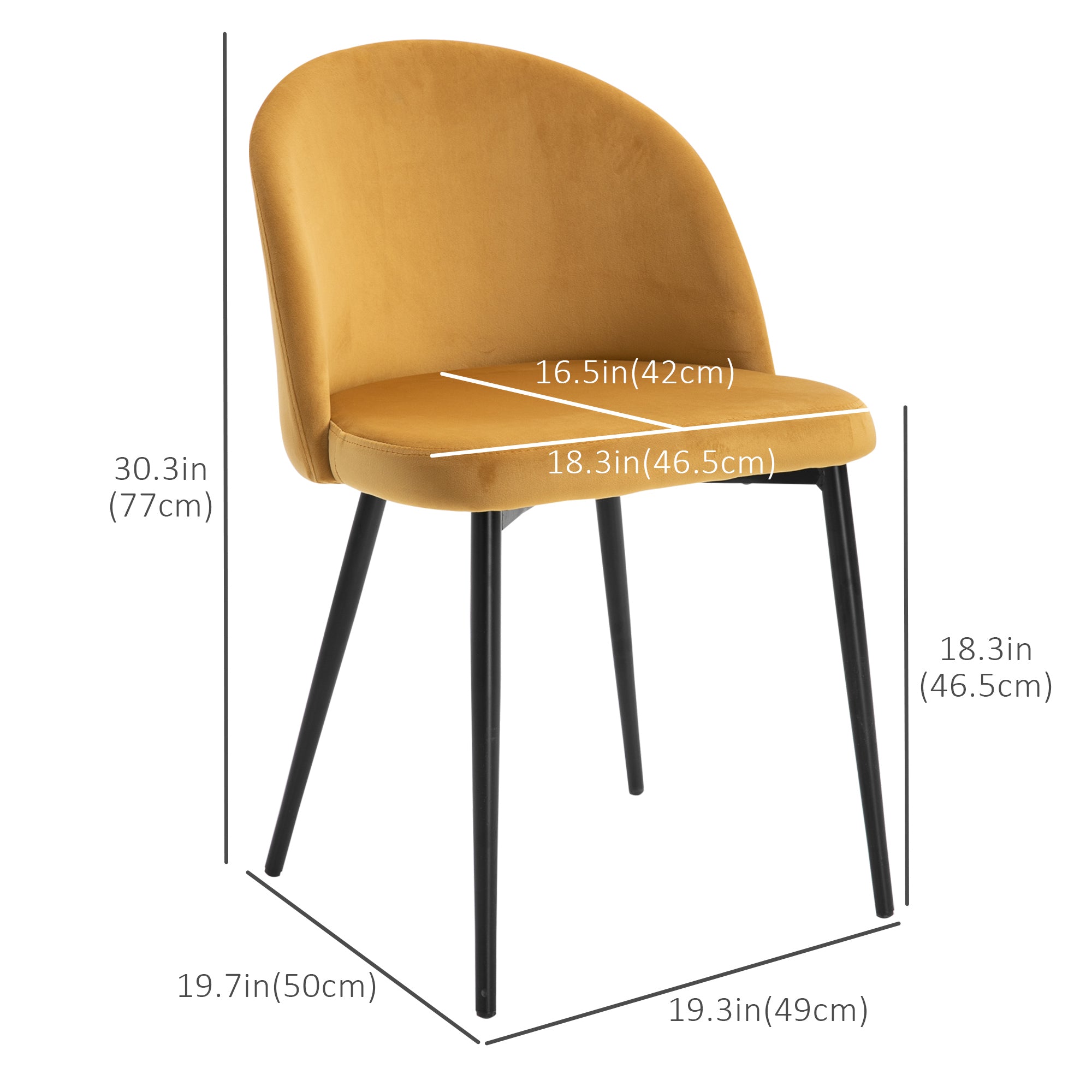 HOMCOM Modern Dining Chairs Set of 2, Mid-Back Velvet Upholstered Kitchen Chairs, Side Chair for Living Room, Dining Room, Yellow