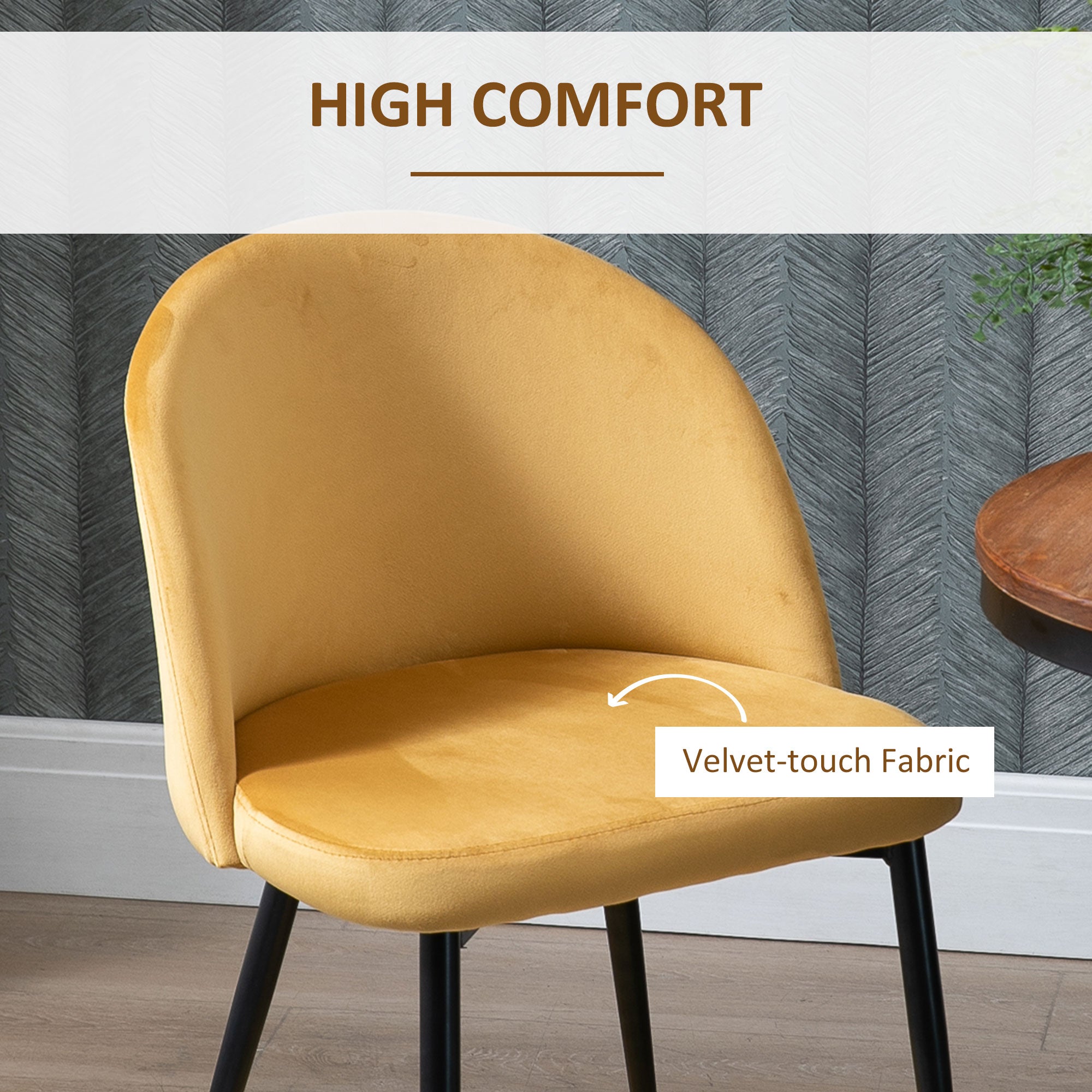 HOMCOM Modern Dining Chairs Set of 2, Mid-Back Velvet Upholstered Kitchen Chairs, Side Chair for Living Room, Dining Room, Yellow