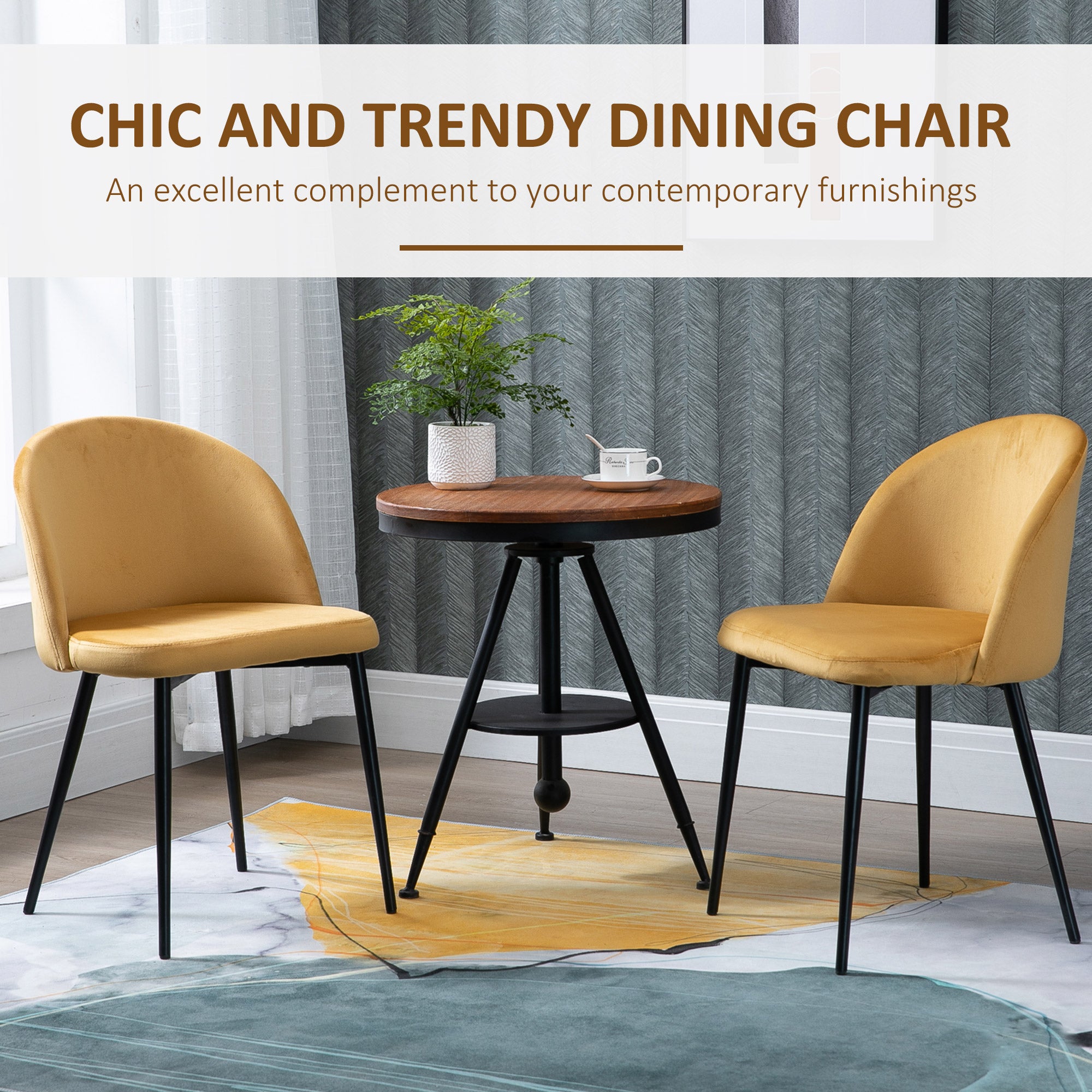 HOMCOM Modern Dining Chairs Set of 2, Mid-Back Velvet Upholstered Kitchen Chairs, Side Chair for Living Room, Dining Room, Yellow