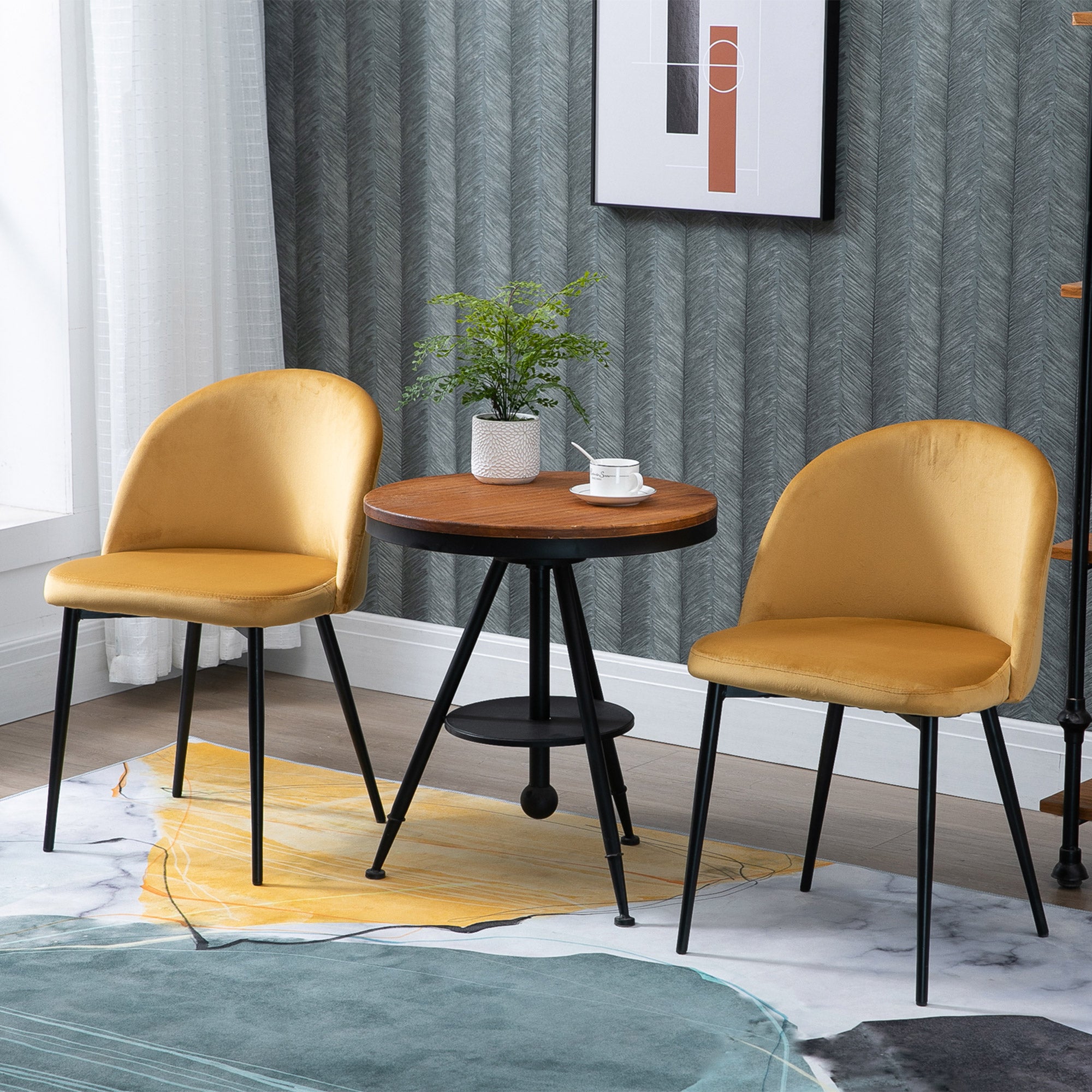 HOMCOM Modern Dining Chairs Set of 2, Mid-Back Velvet Upholstered Kitchen Chairs, Side Chair for Living Room, Dining Room, Yellow
