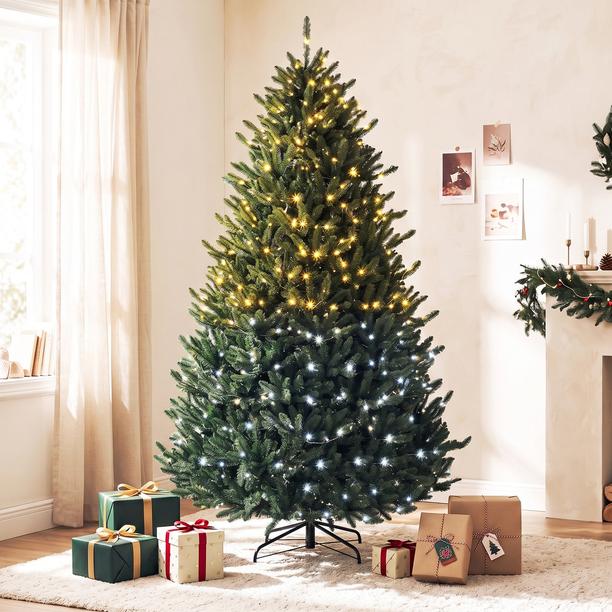 7.5ft Prelit Christmas Tree with Colourful DIY LEDs, Frasier Grande Fir, Hinged Xmas Tree with Remote, 12 Modes, Daily Timer, Dense Tips, Adjustable Brightness