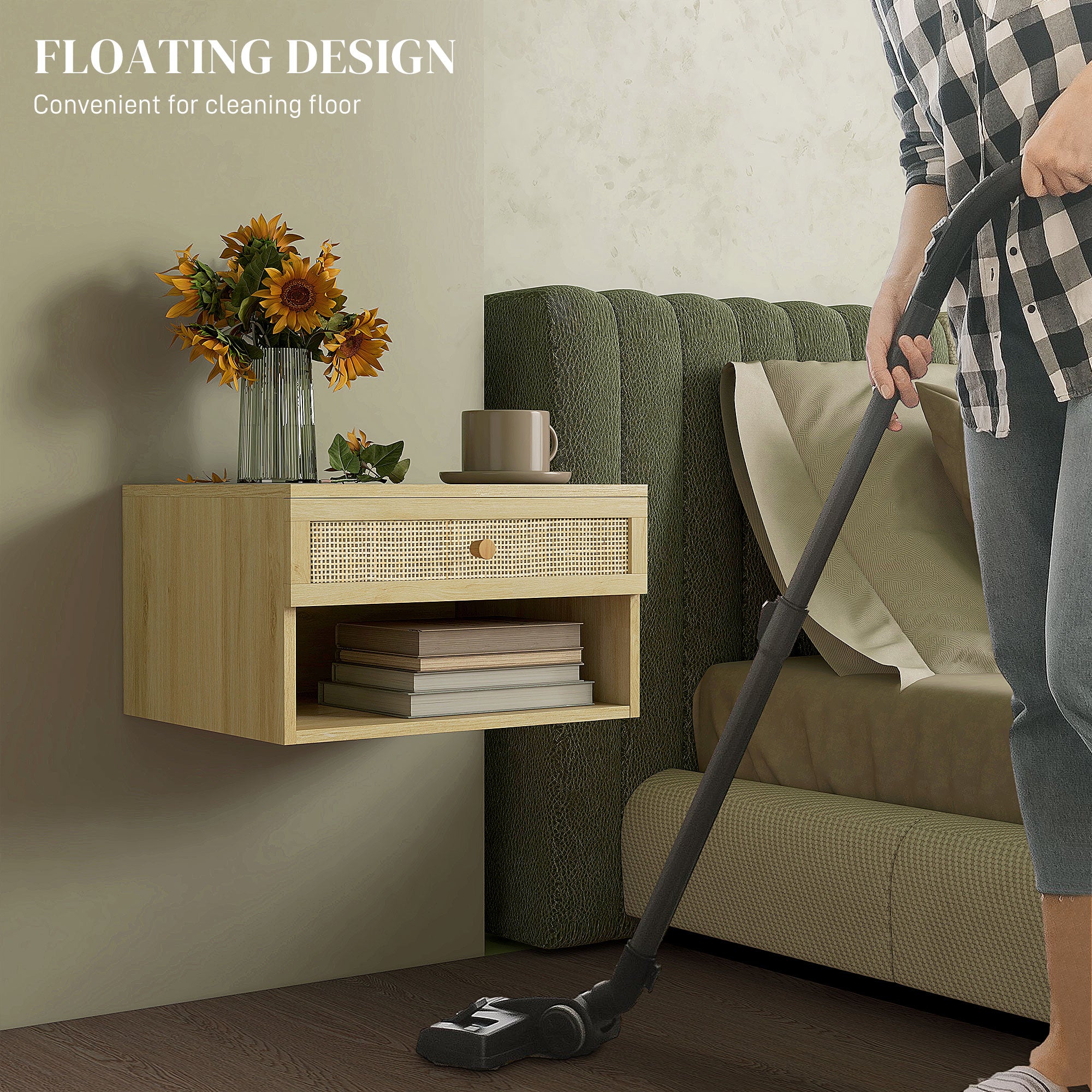 Floating Nightstand Set of 2, Wall Mounted Bedside Table with Drawer and Open Shelf, Nordic Night Stand for Bedroom, Natural Wood