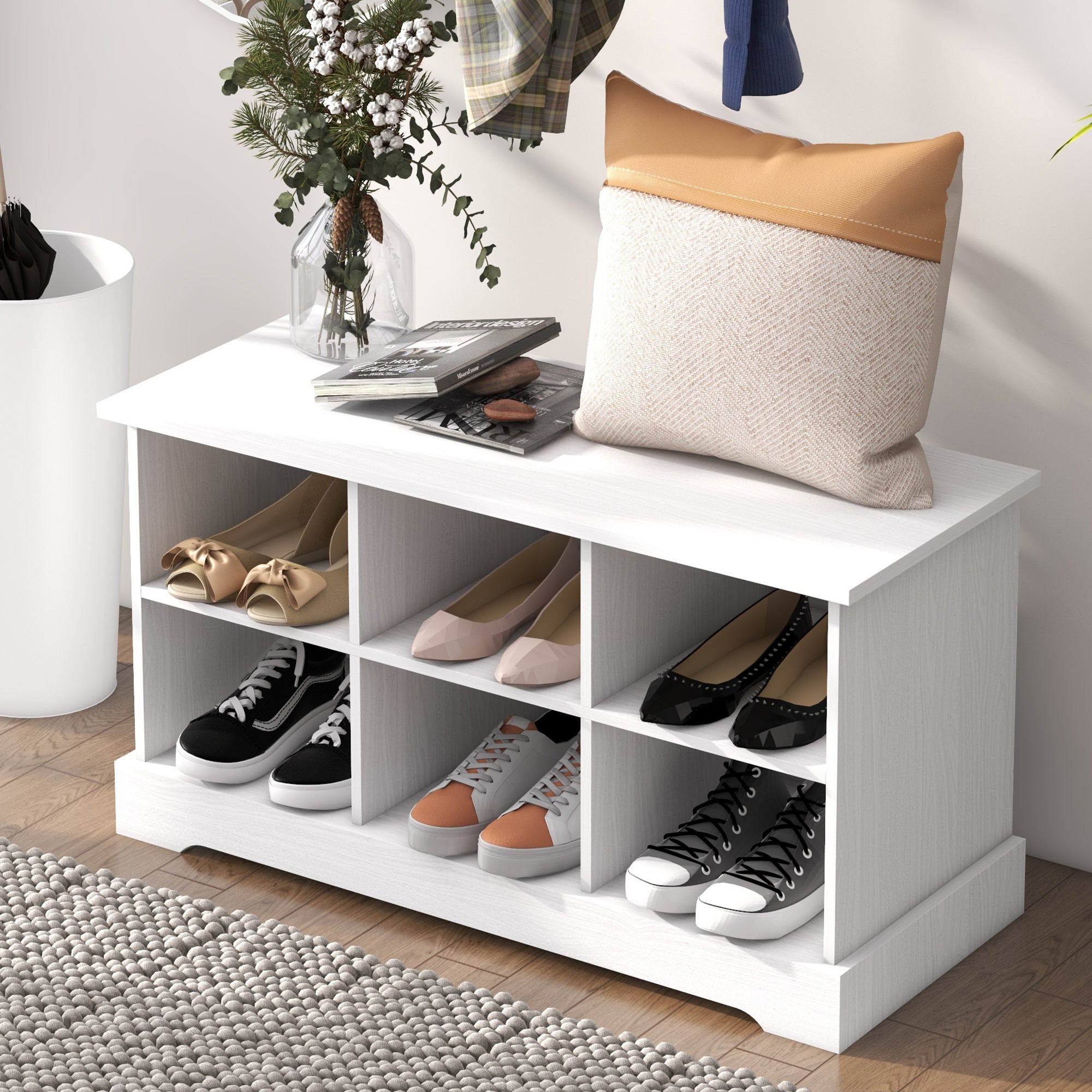 HOMCOM Coat Rack Shoe Bench Set, Entryway Shoe Bench with 8 Storage Cubbies, 4 Hooks, Modern Hall Tree for Hallway, Living Room and Bedroom, White