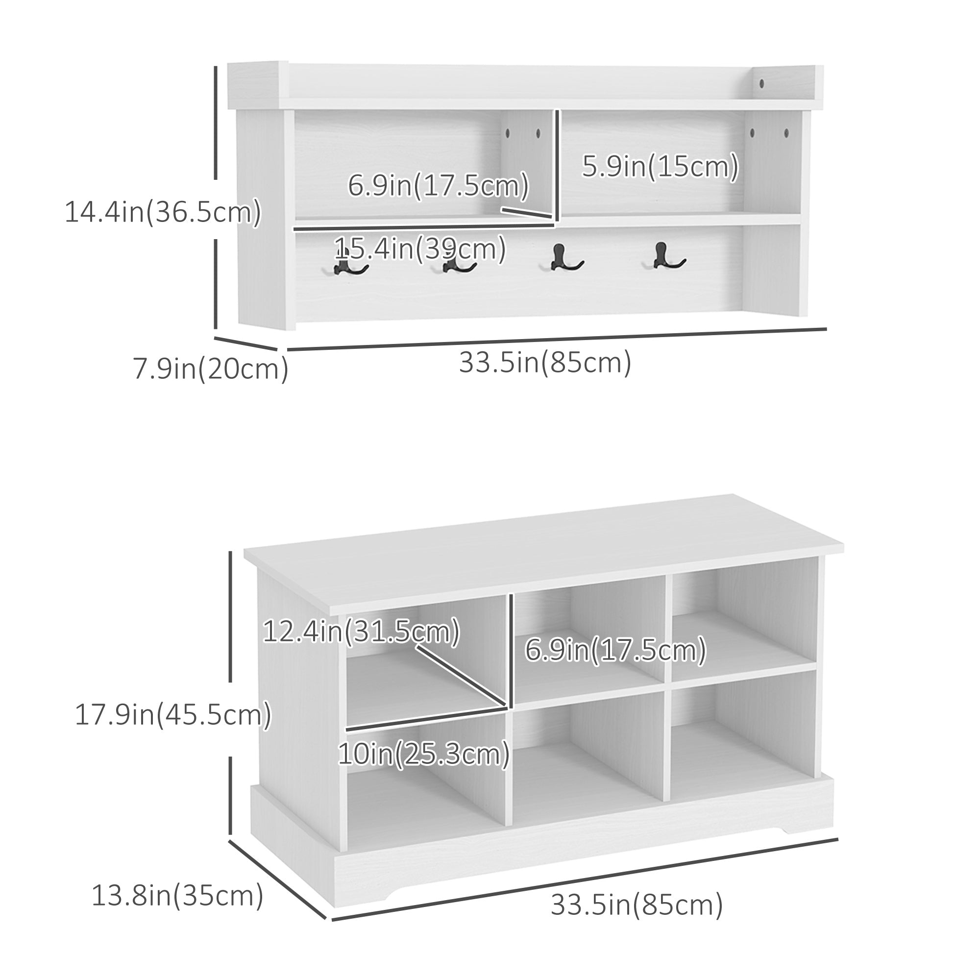 HOMCOM Coat Rack Shoe Bench Set, Entryway Shoe Bench with 8 Storage Cubbies, 4 Hooks, Modern Hall Tree for Hallway, Living Room and Bedroom, White