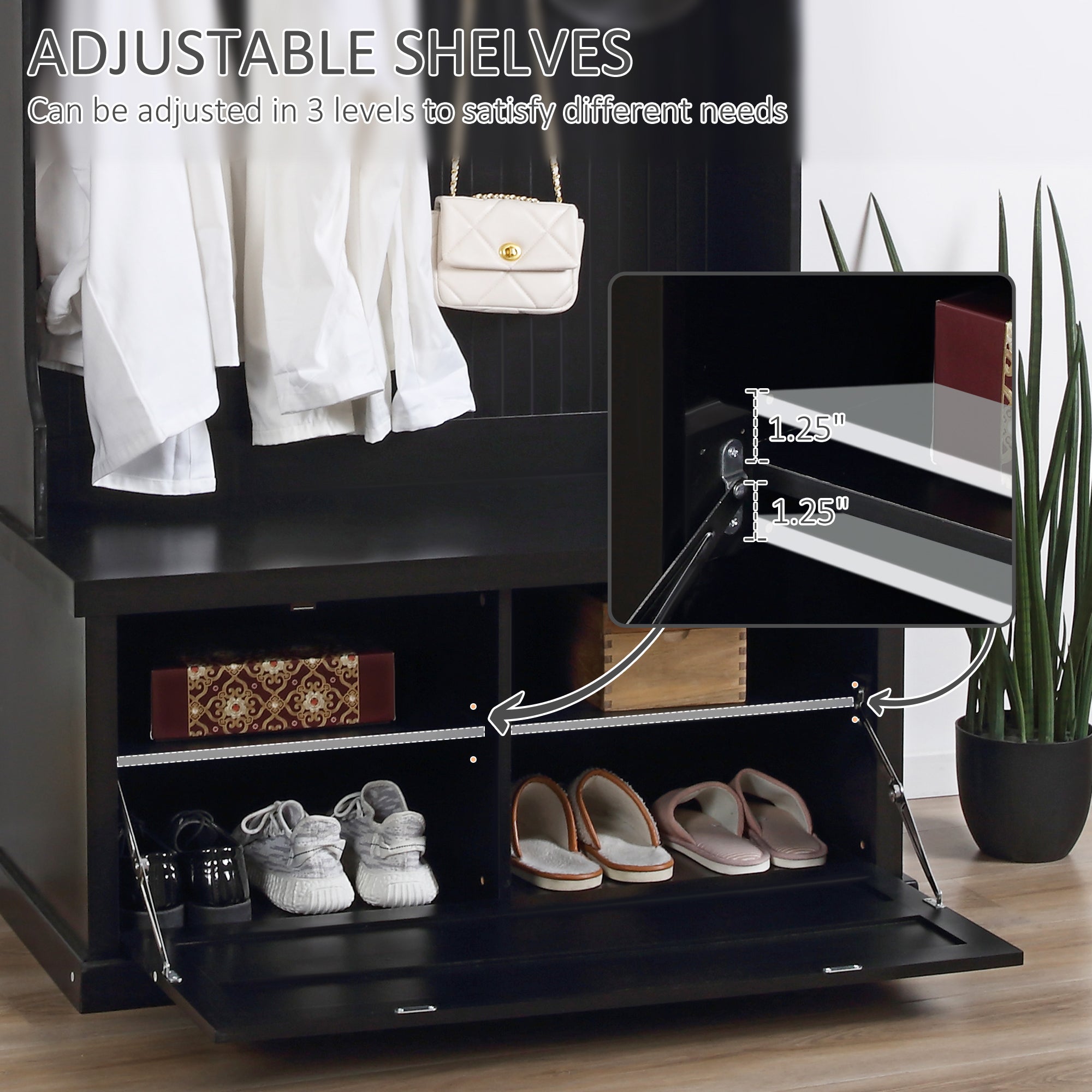 Entryway Bench with Coat Rack 4 Double Hooks and 2 Compartments Hall Tree with Shoe Storage Black